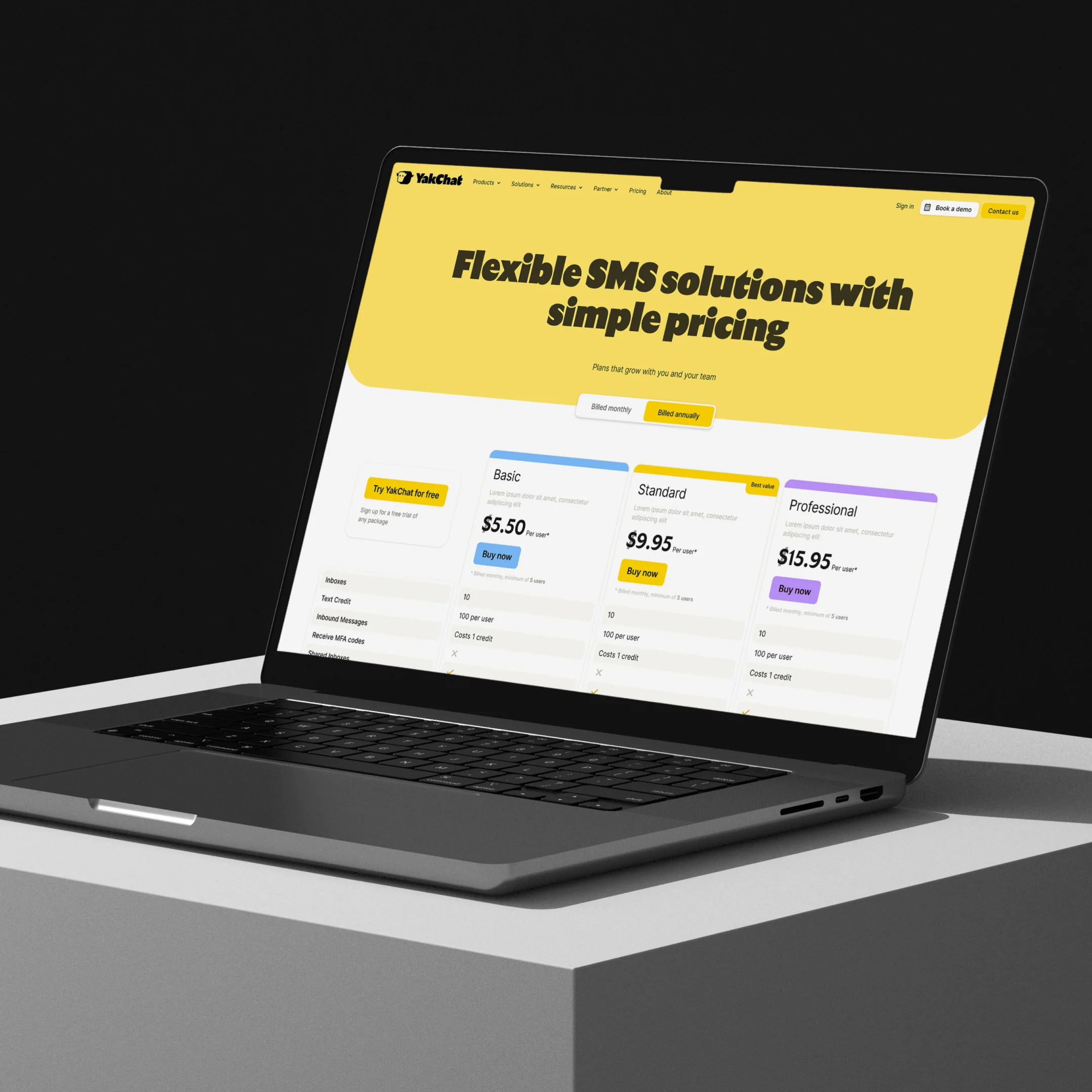 YakChat website pricing page shown on laptop
