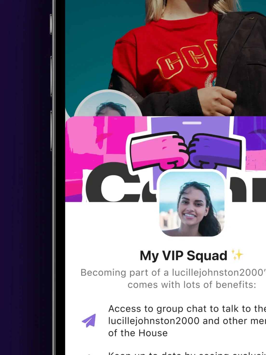 A phone screen displays a VIP Squad membership page with a profile picture and chat benefit details in the Riff social media app.