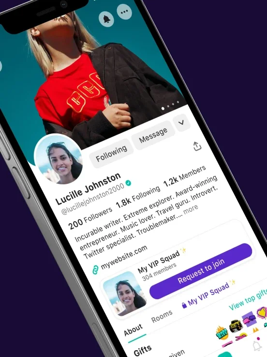 A smartphone screen displays a social media app, showing Lucille Johnston's Riff profile with her photo, bio, and follower statistics.