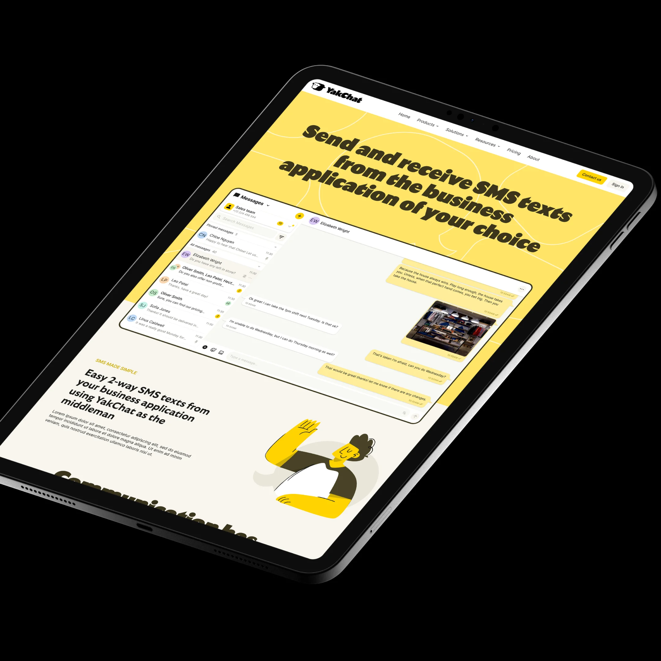 YakChat website interface shown on tablet