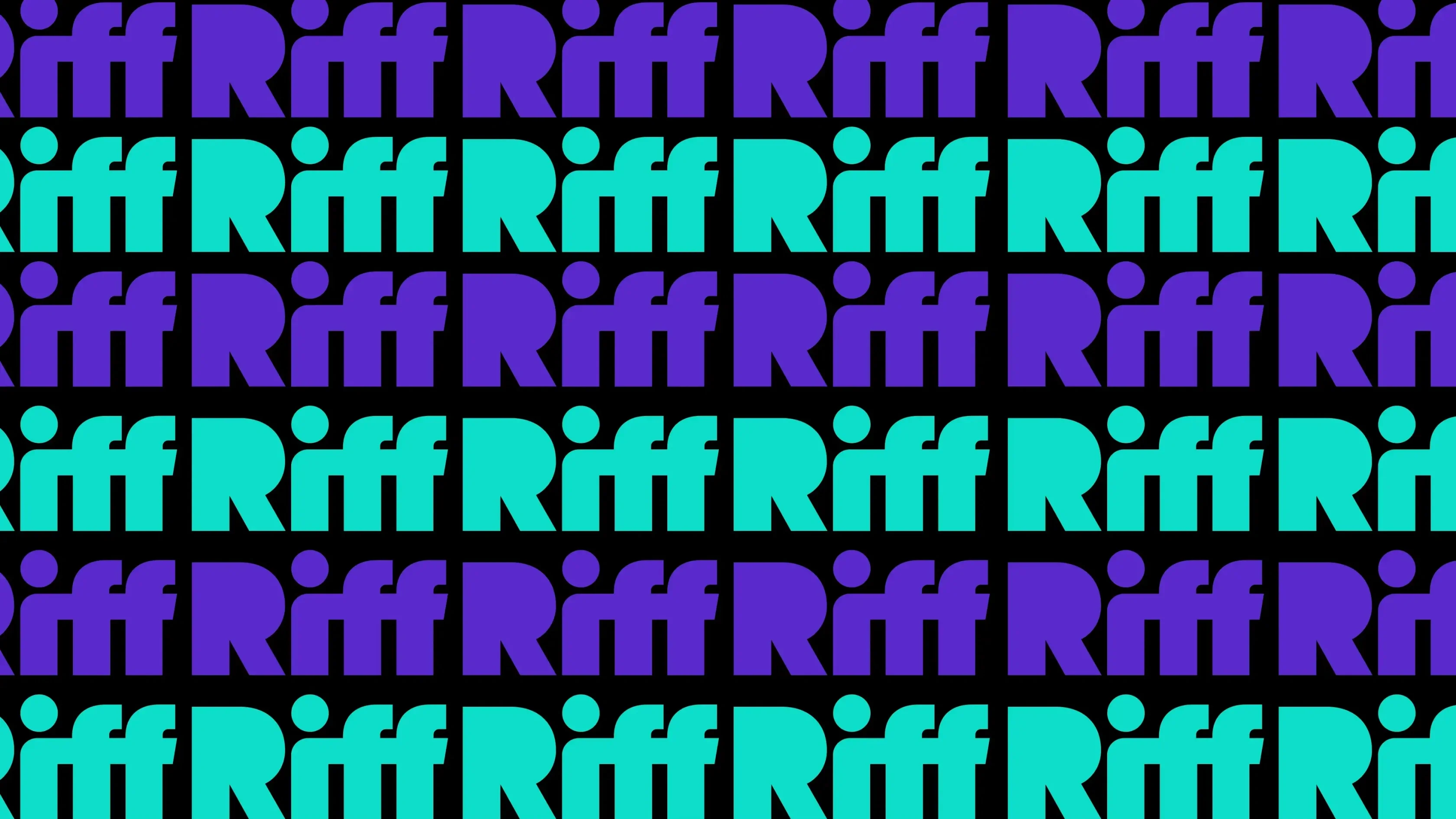 Repeated bold rows of the Riff wordmark, alternating turquoise and purple, create a striking brand identity on a black background.
