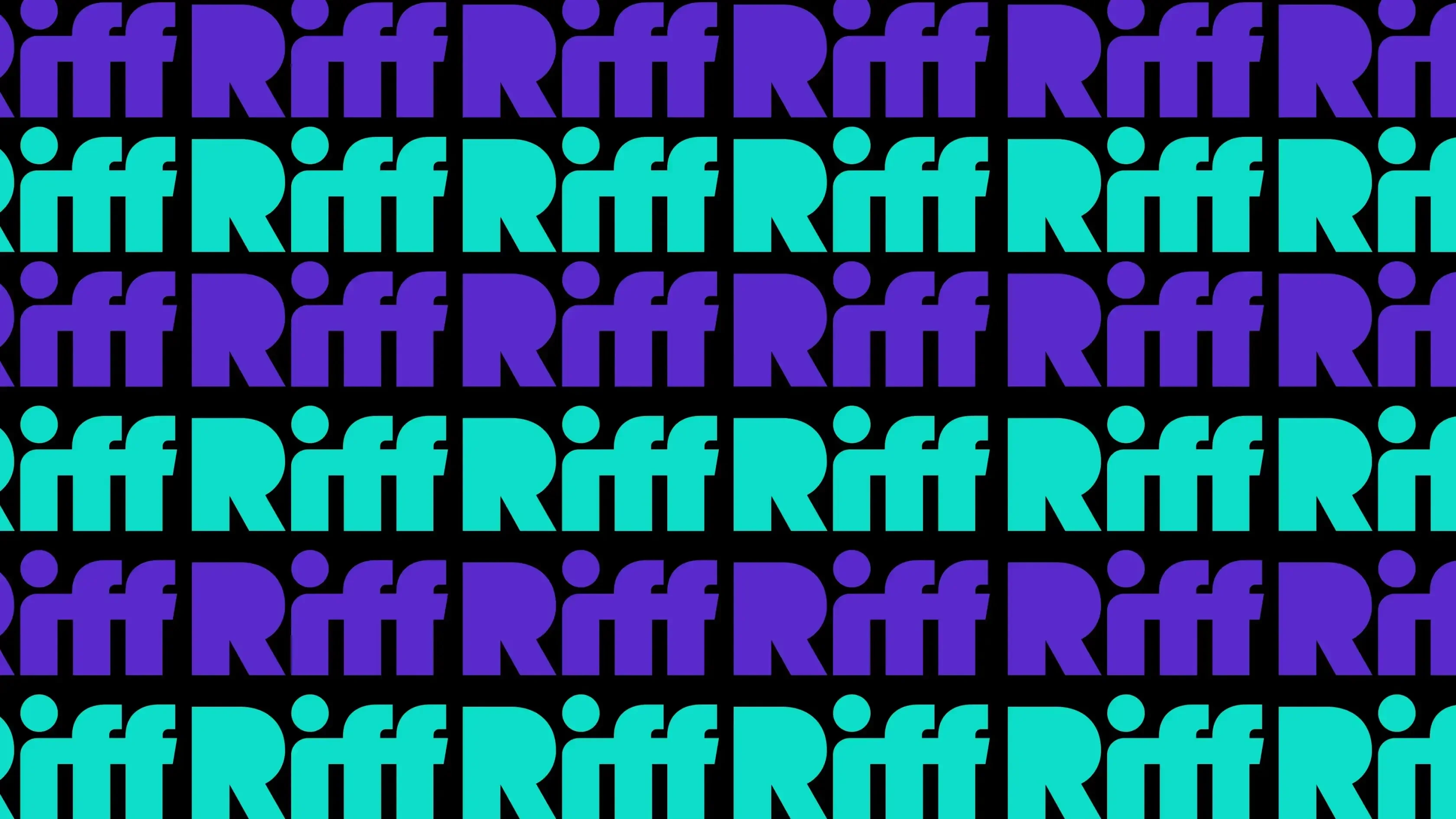 Repeated bold rows of the Riff wordmark, alternating turquoise and purple, create a striking brand identity on a black background.