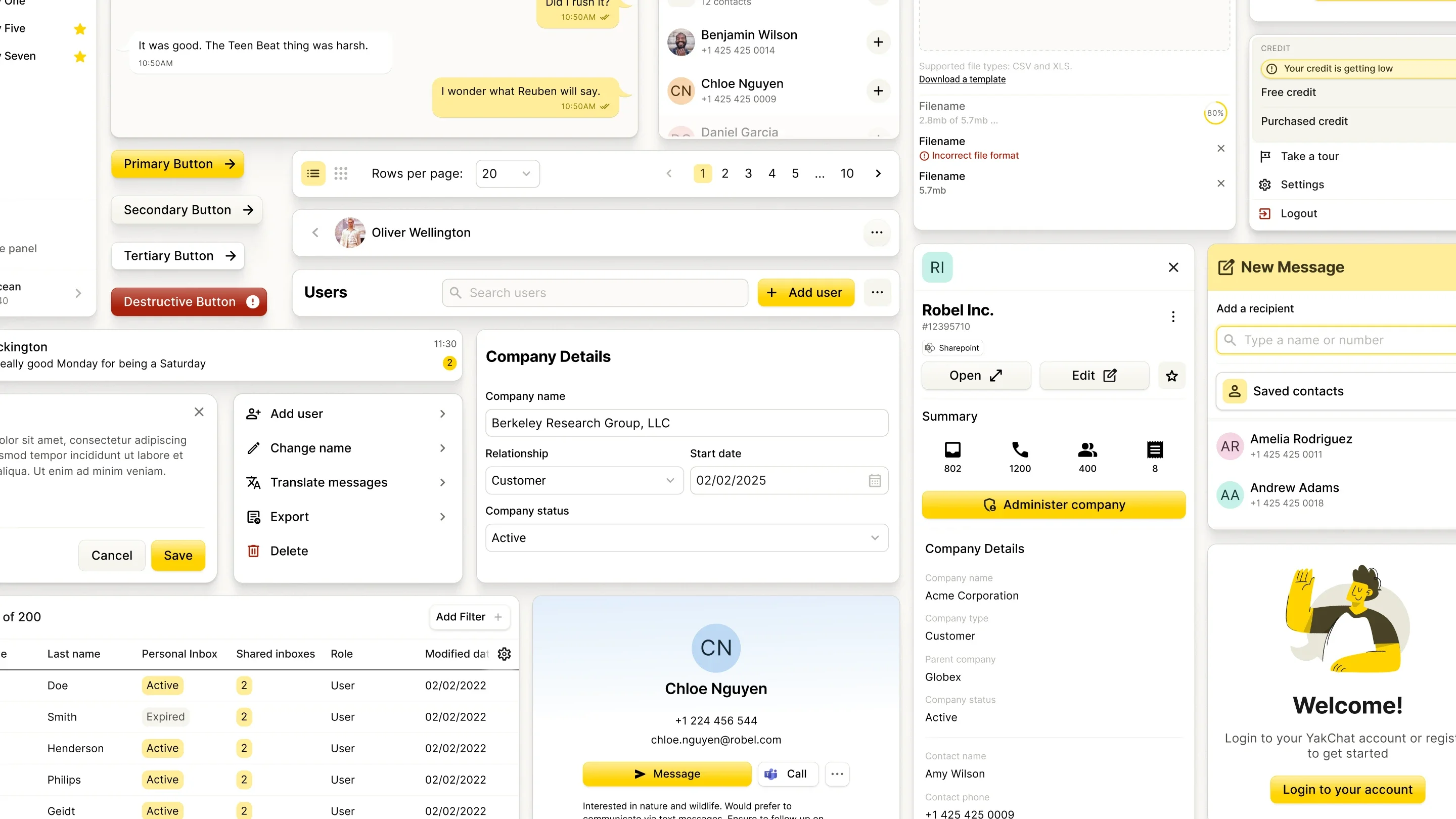 YakChat design system including messaging, admin and UI components