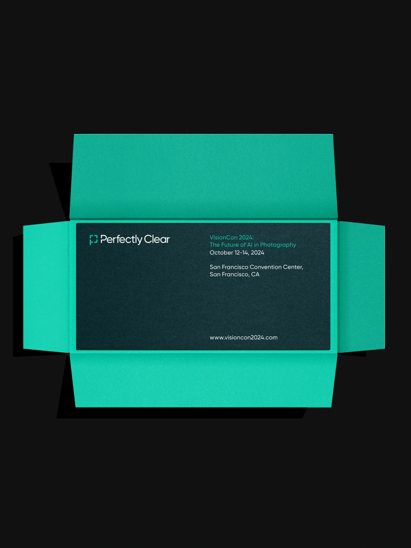 An open teal envelope reveals a VisionCon 2024 invitation card, hosted by Perfectly Clear—visit our website for UI event details.