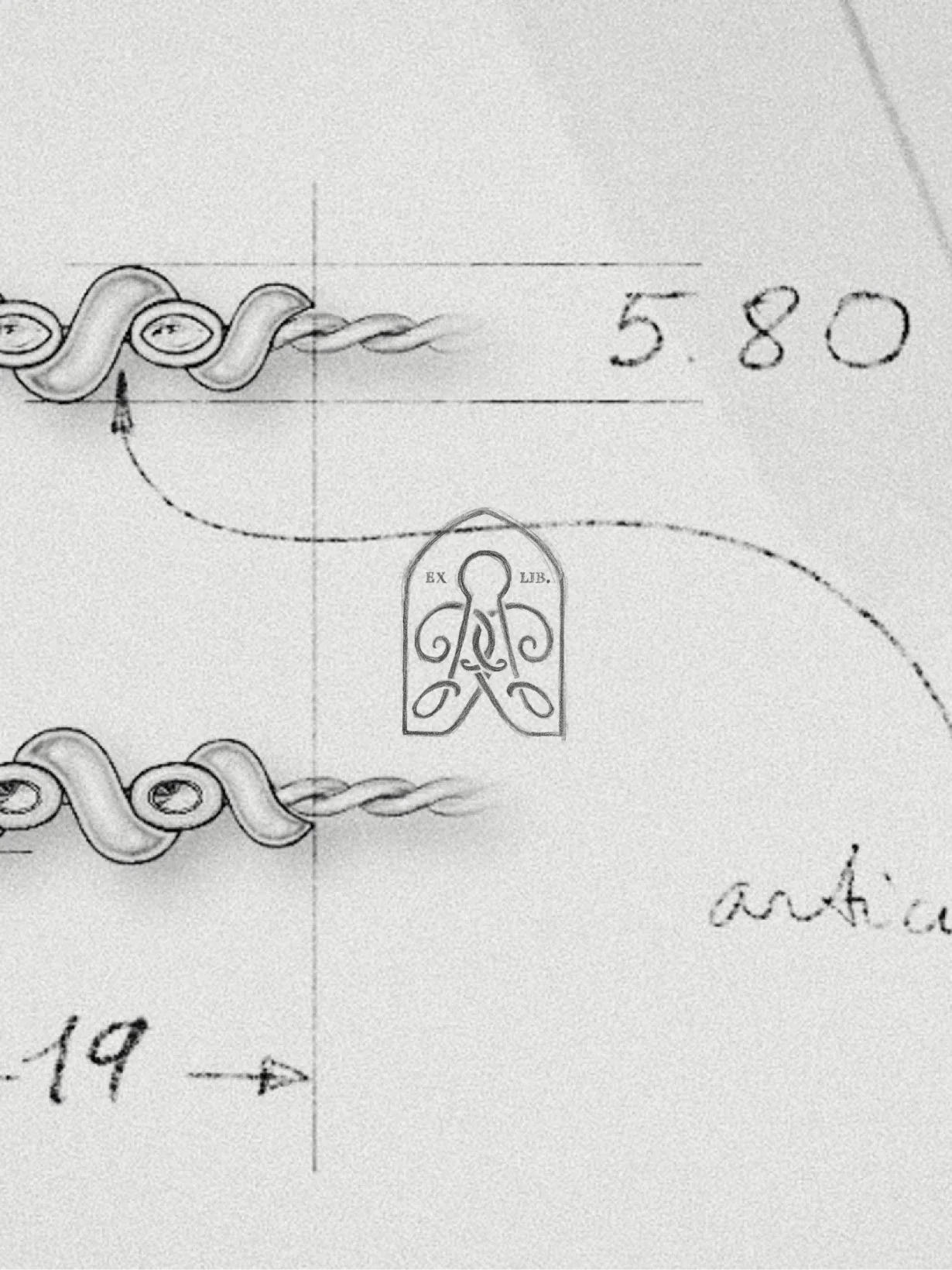 Decorative Rudin sketch exploring ornamental forms and emblem design