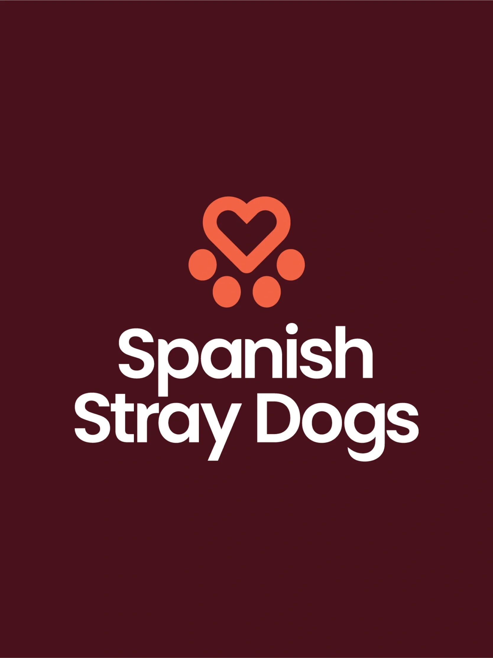 Charity logo featuring an orange heart and paw print above Spanish Stray Dogs on a dark red background.
