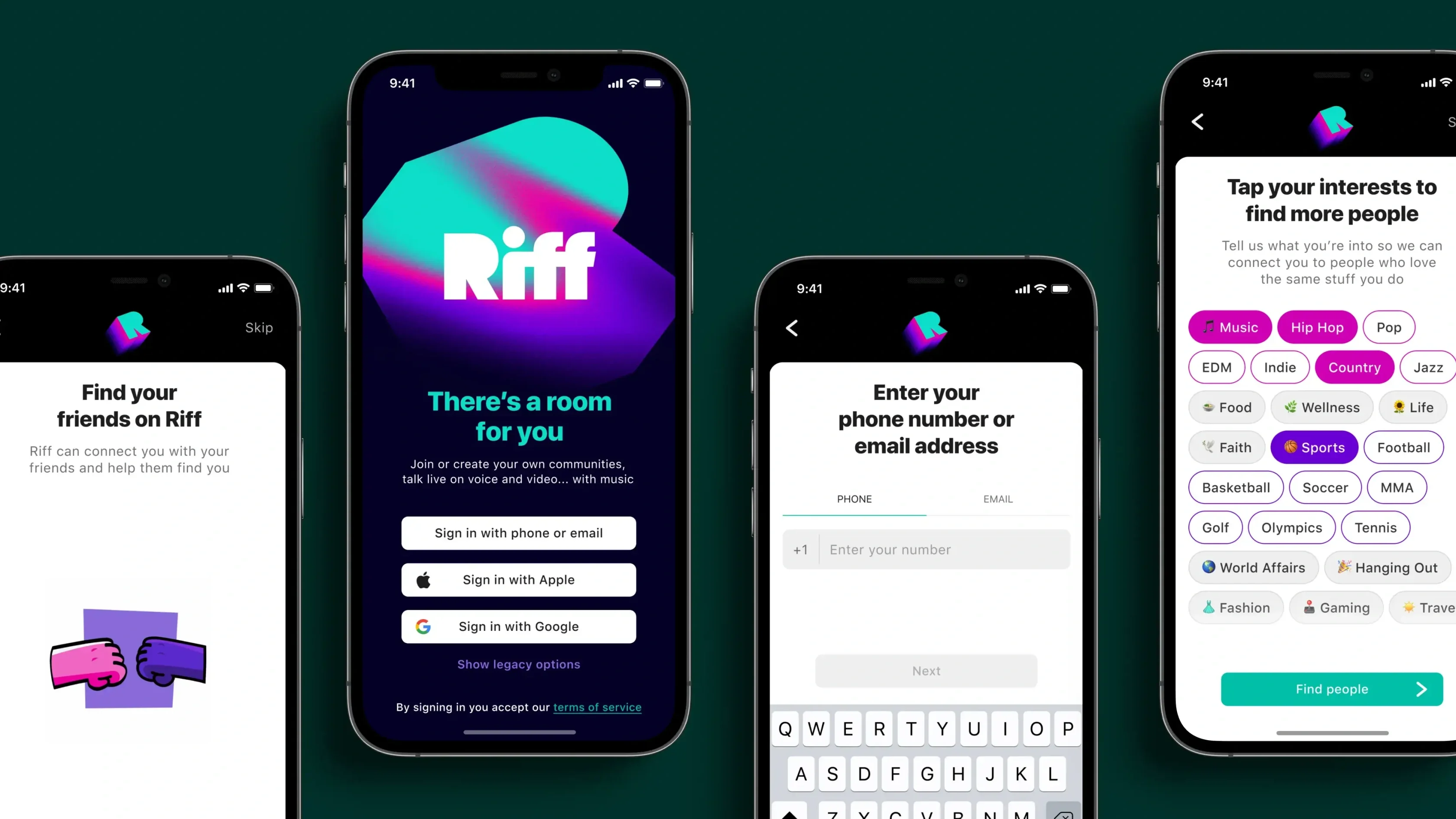 Three smartphones display Riff's onboarding, phone entry, and friend-finding screens on a dark green background.