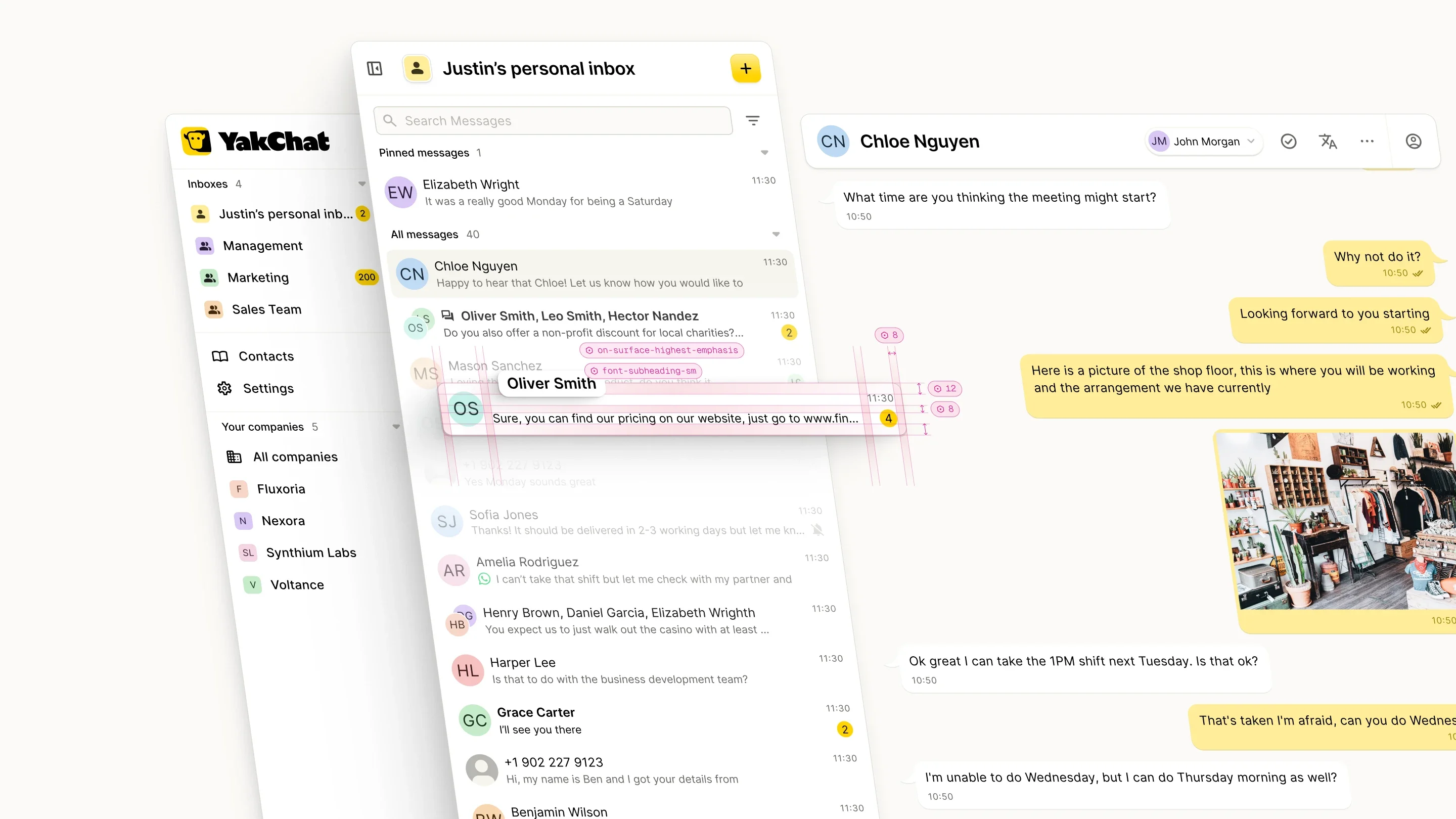 YakChat layered desktop interface showing the depth of the design system