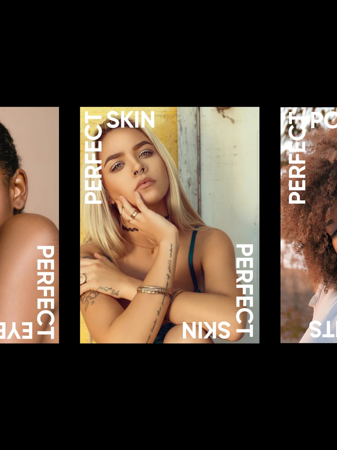 Three women with different skin tones are shown, highlighting Perfectly Clear skin with bold white text as part of our brand identity.