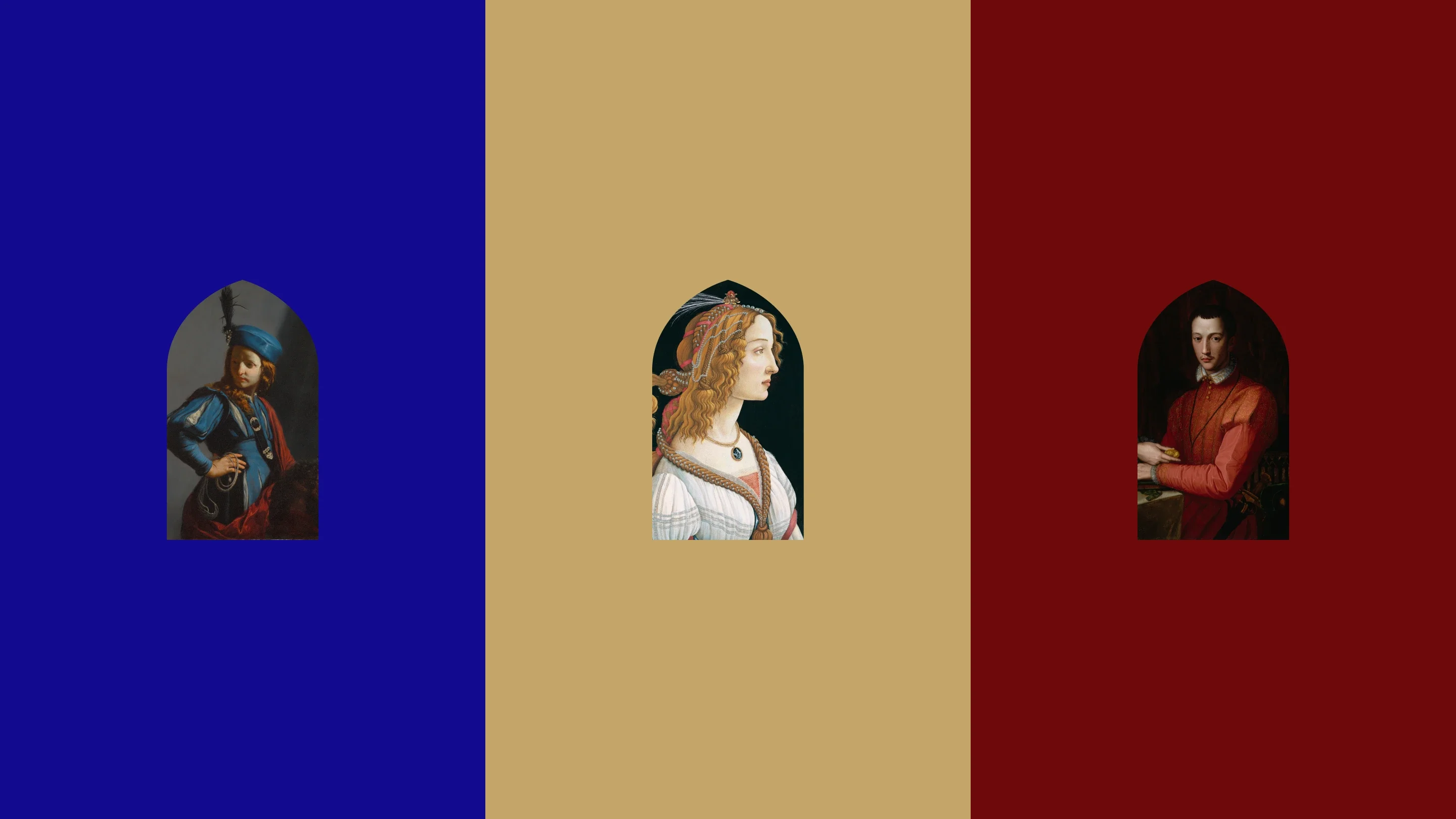 Rudin triptych artwork using portraiture and arched frames