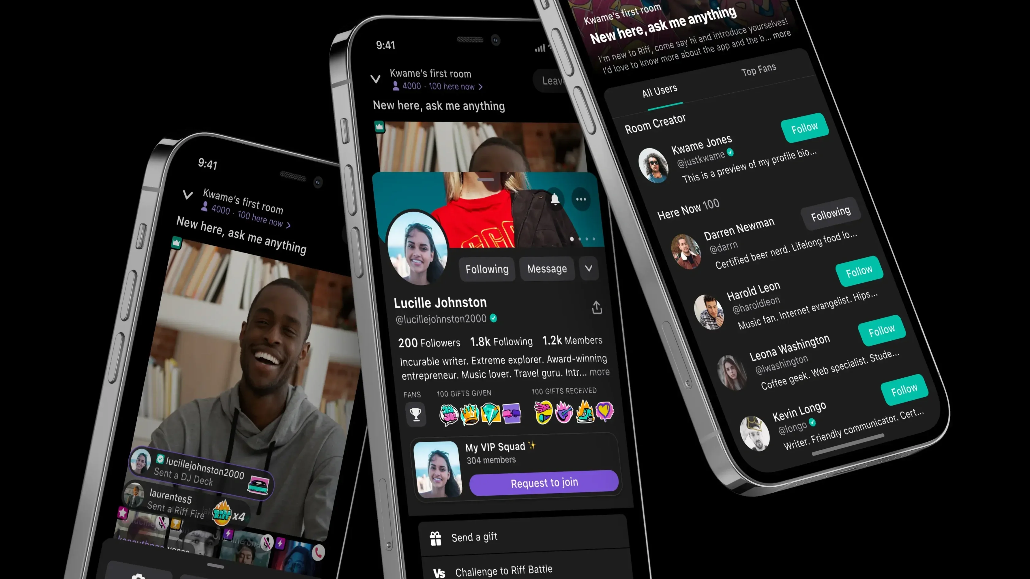 Three smartphone screens display Riff, a social media app featuring user profiles, live rooms, and a list of users.