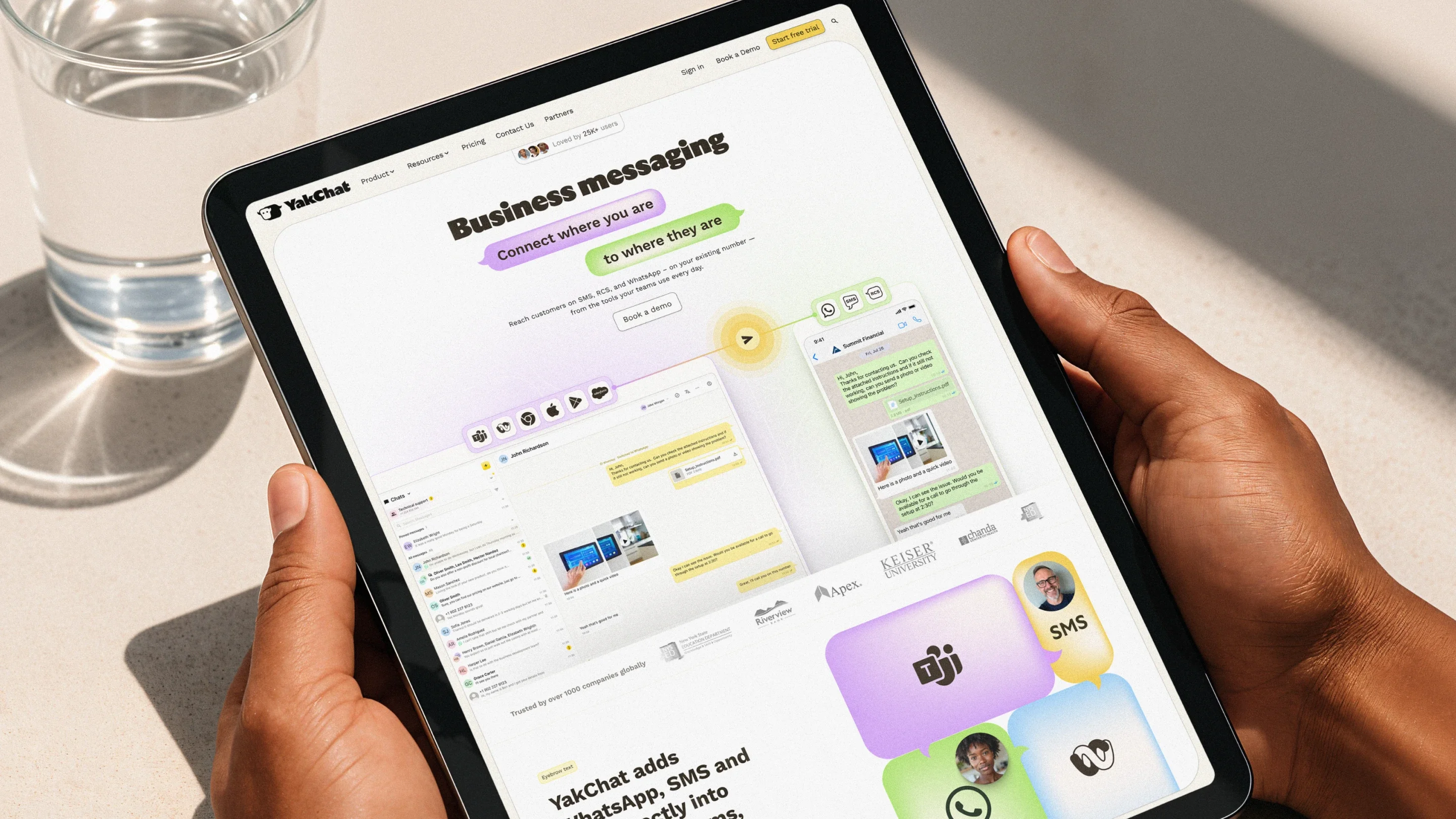 YakChat marketing website shown on tablet