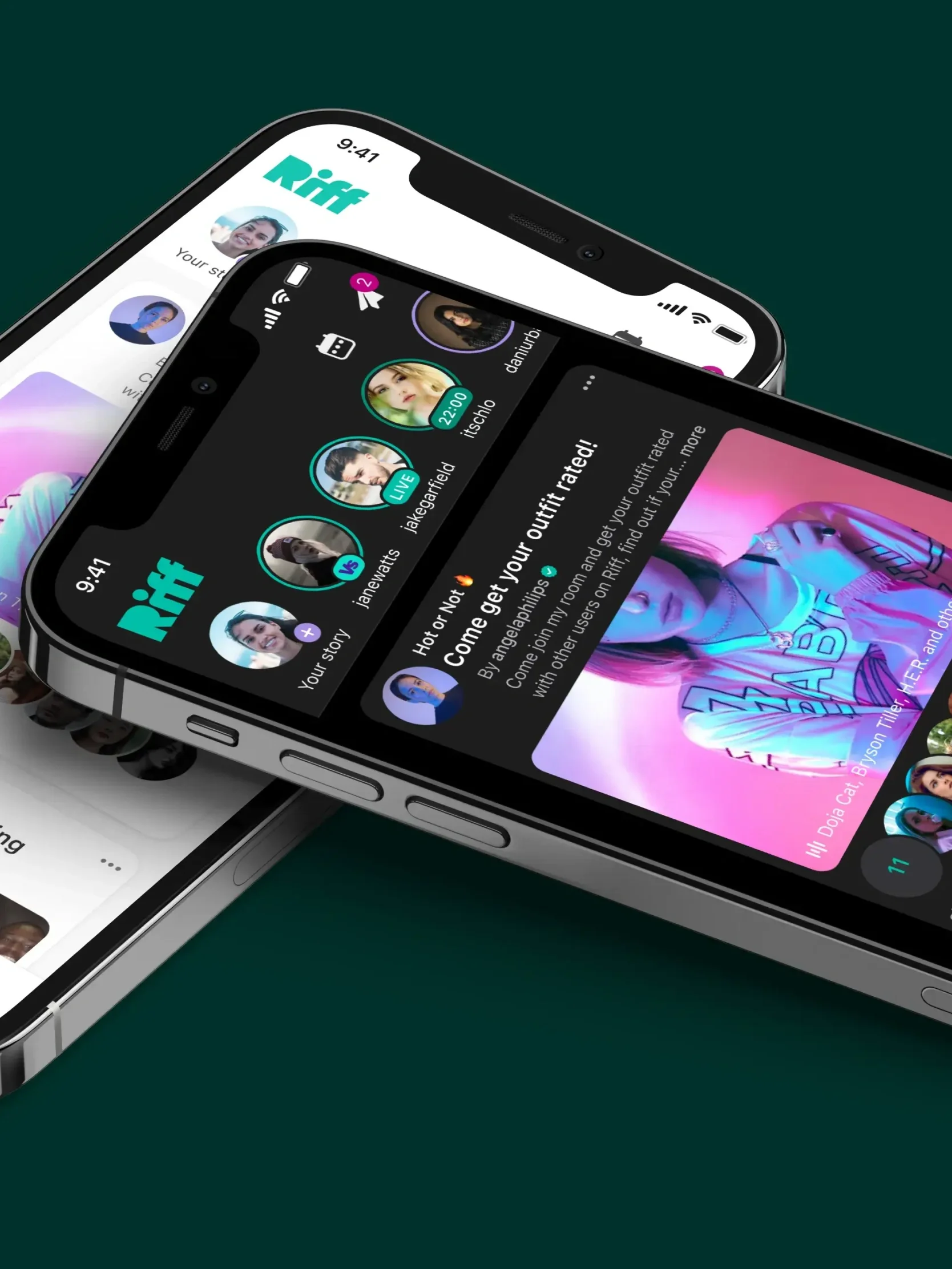 Two smartphones showcase Riff's social media app, highlighting user profiles, stories, and a neon-themed post on the home feed.