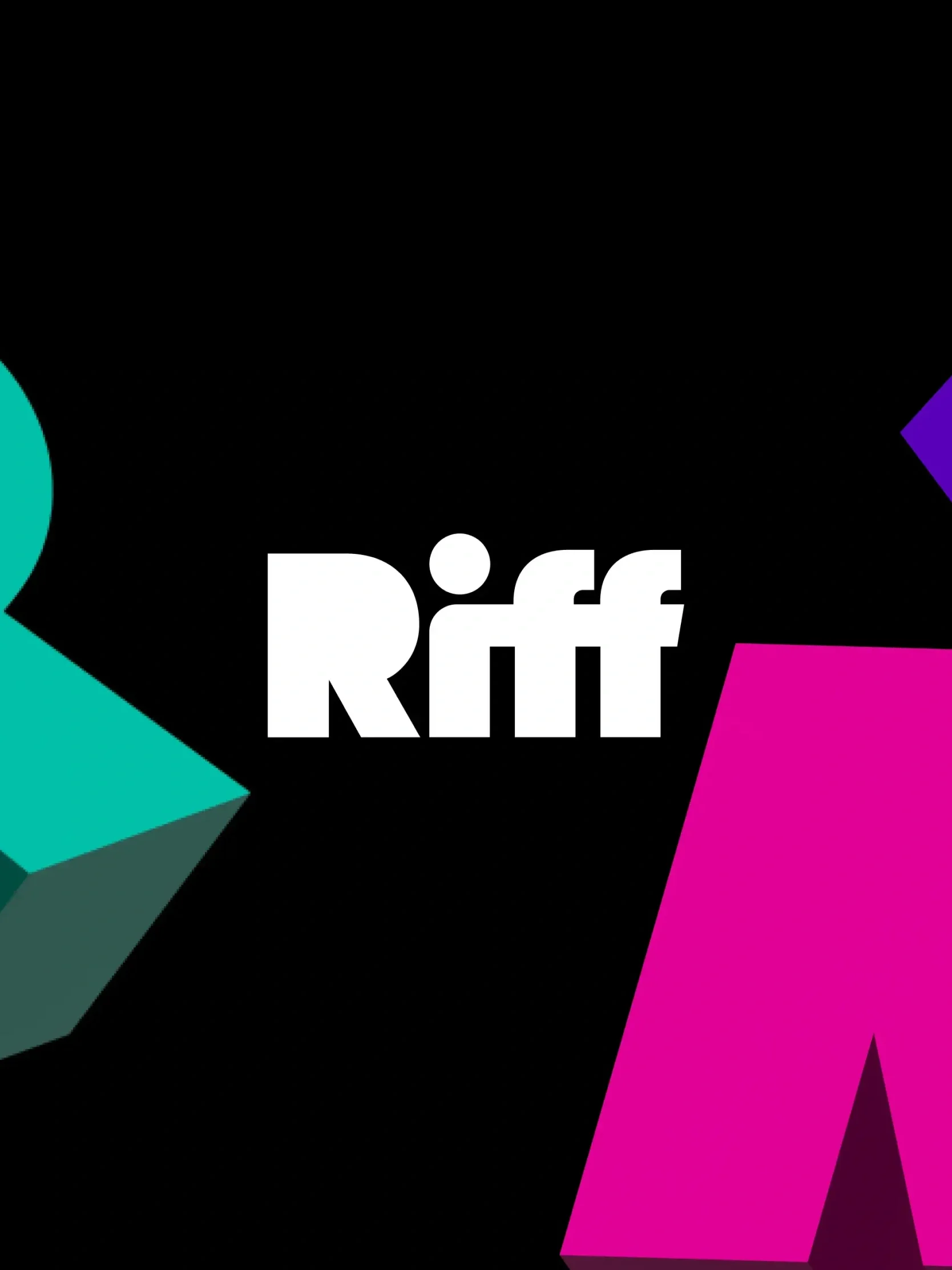 Riff in bold white letters on a black background, flanked by 3D teal and magenta geometric shapes.
