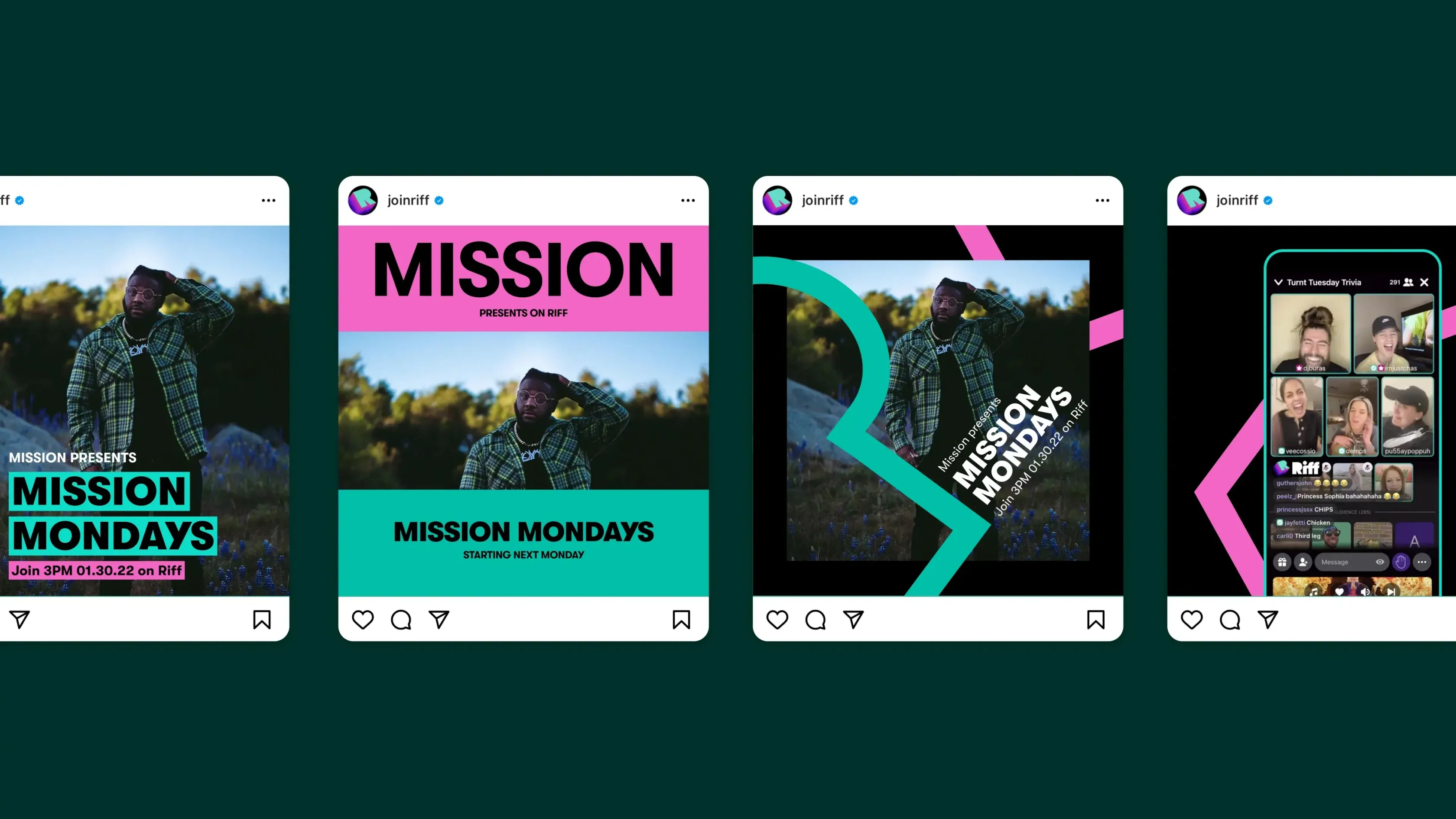 Four social media posts promoting Mission Mondays, featuring Riff's brand identity outdoors and in vibrant virtual meeting screenshots.