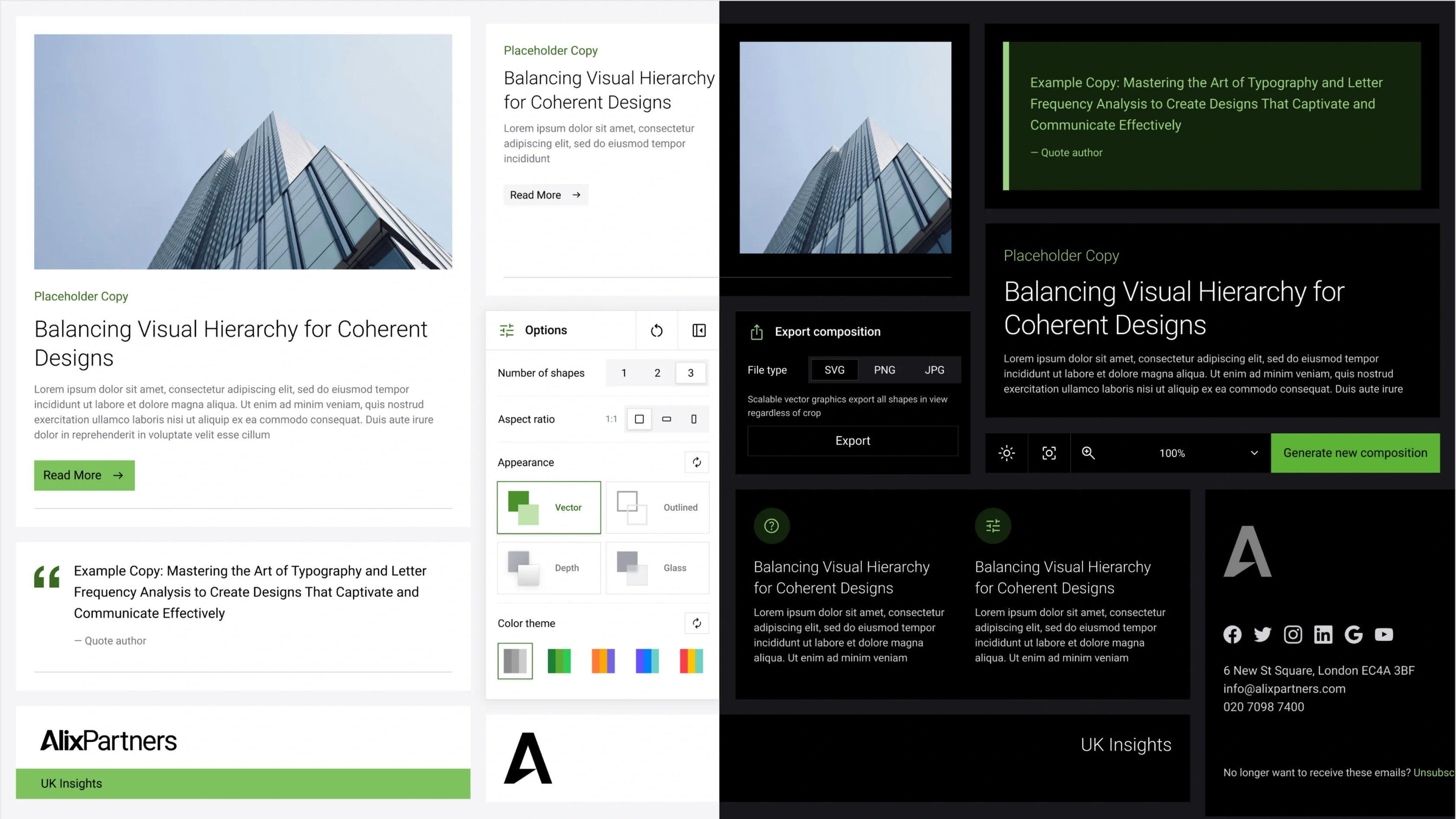 AlixPartners editorial layout system in light and dark modes
