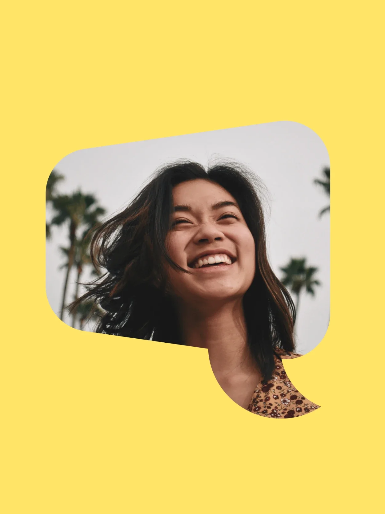 YakChat brand photography with subject framed in speech bubble motif