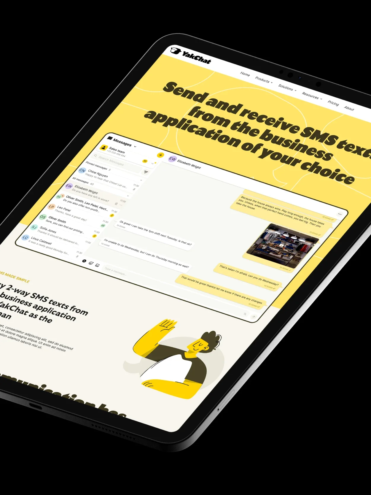 YakChat website shown on tablet with product messaging and screenshots