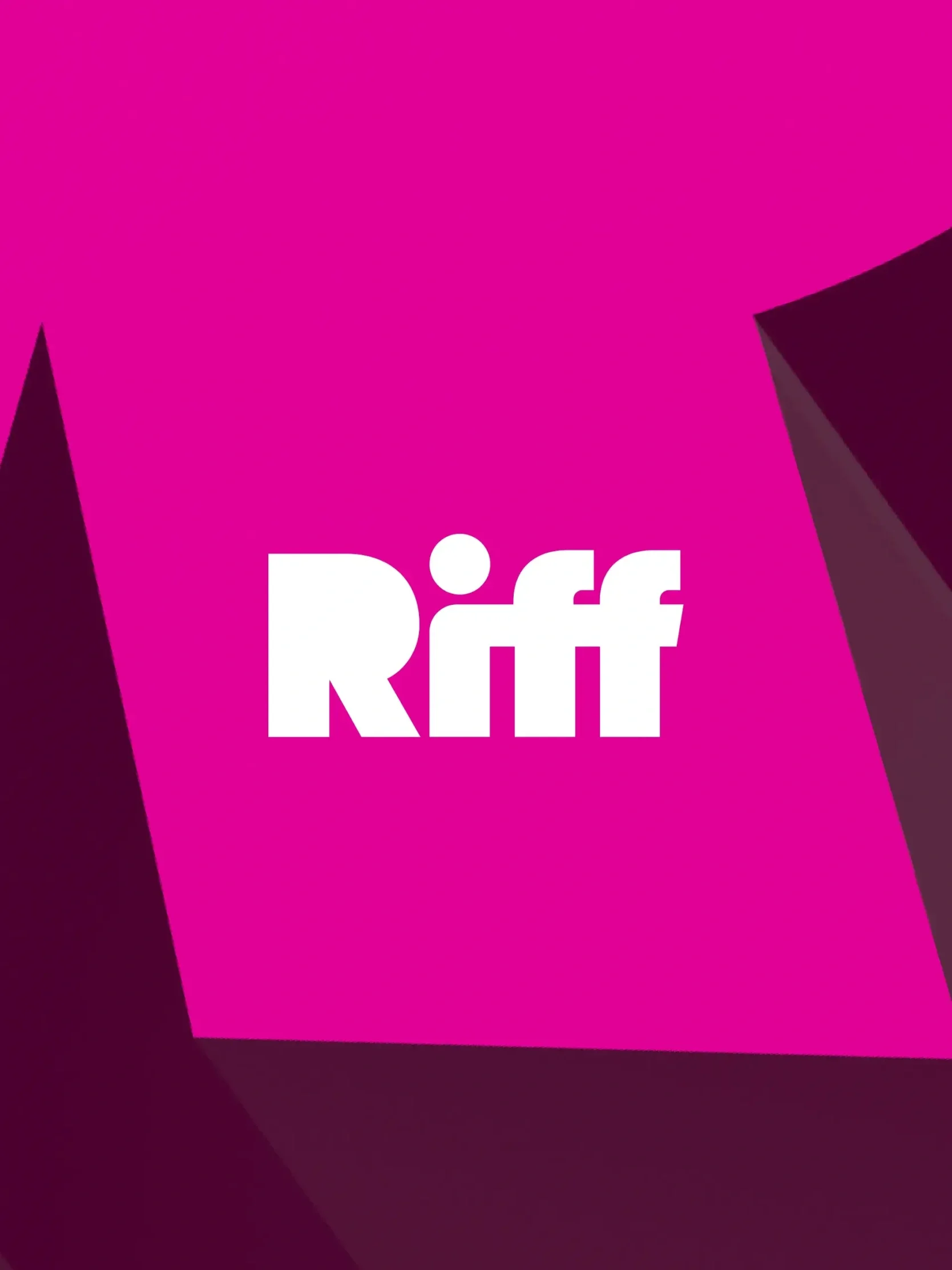 White Riff text logo on a bright pink geometric background with dark purple 3D angular shapes, highlighting modern brand identity.