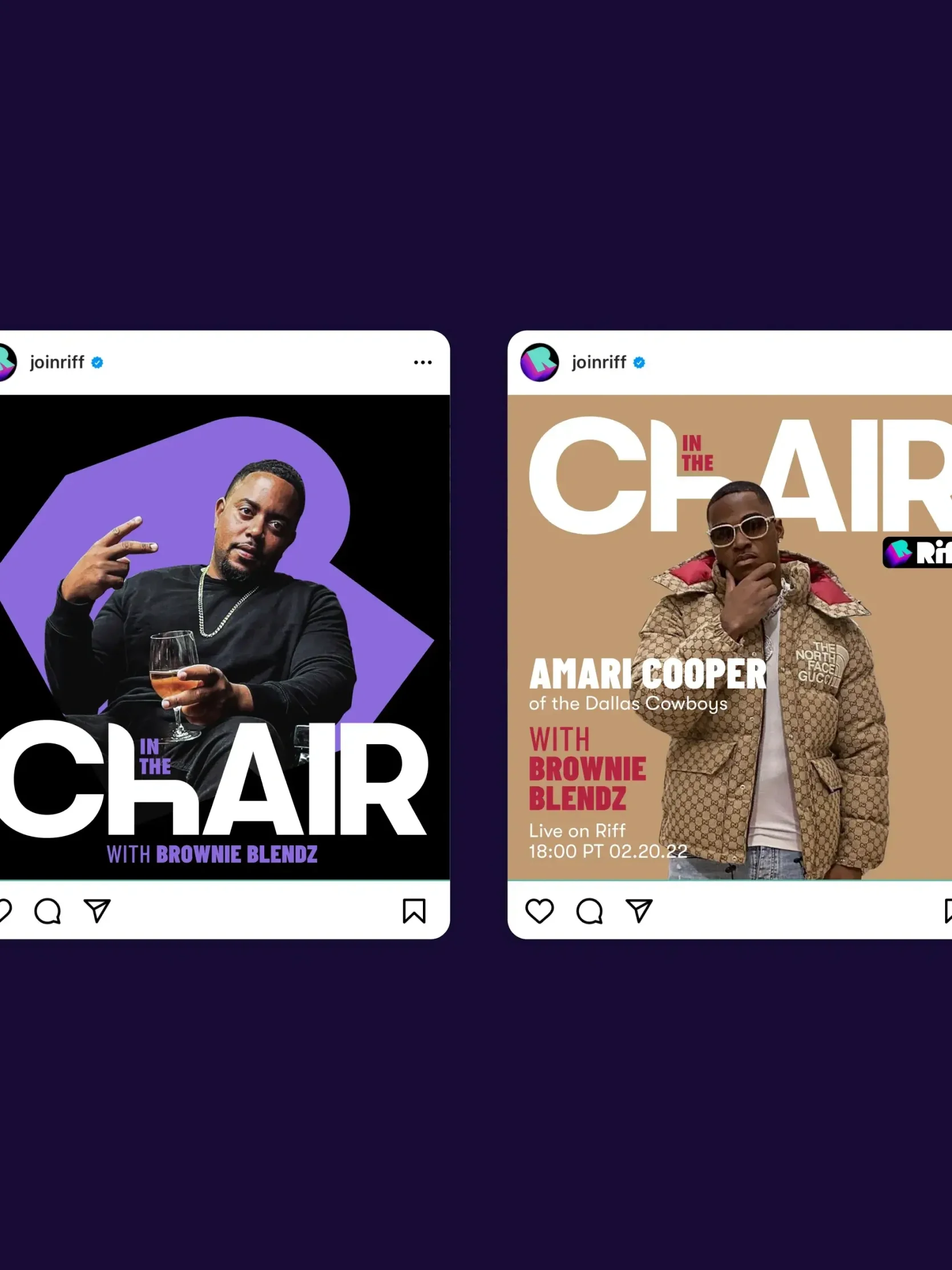 Two In the Chair with Brownie Blendz podcast promo posts for a stylish social media campaign, featuring men in standout Riff-inspired outfits.