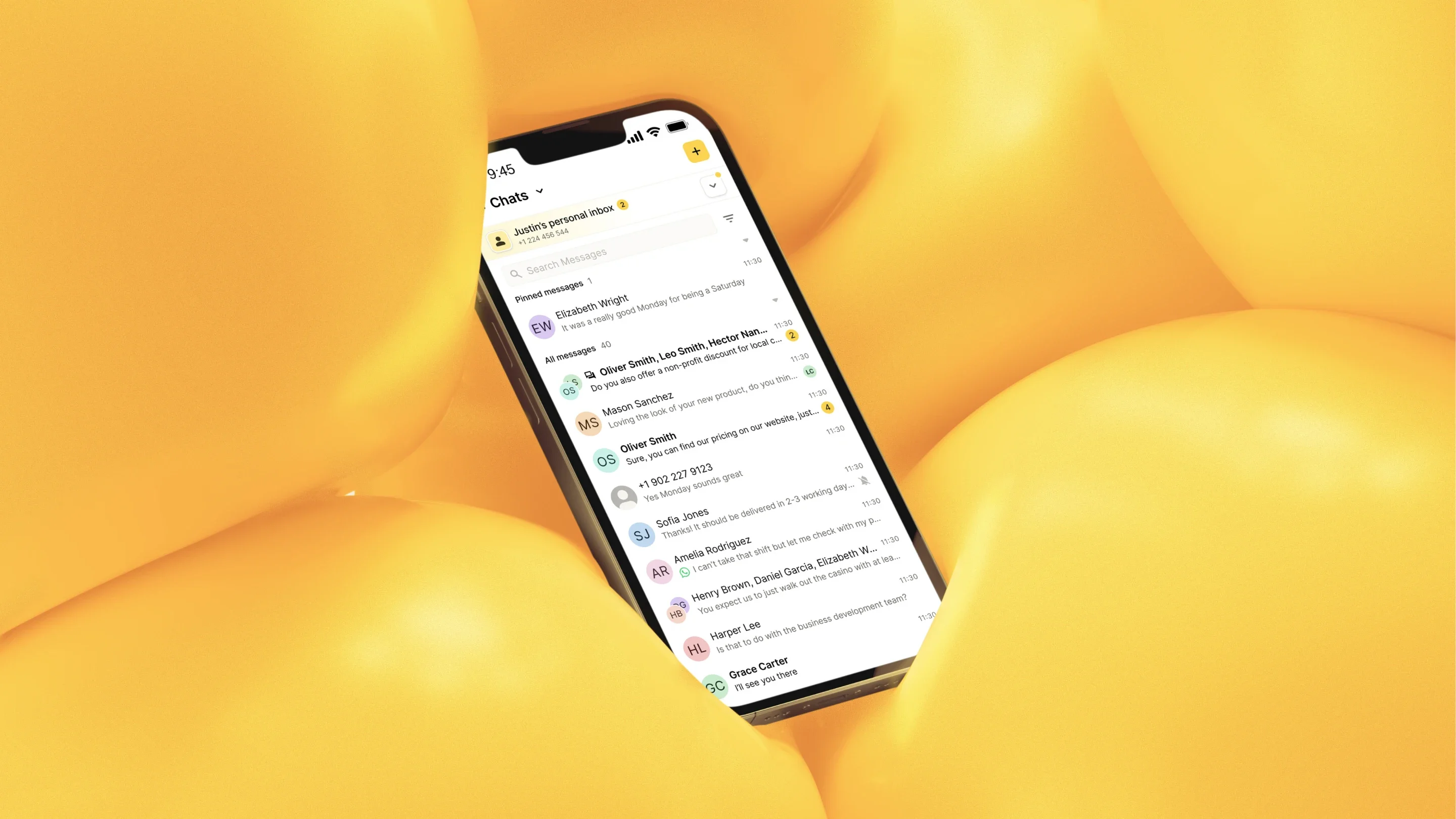 YakChat mobile inbox interface with brand 3D speech bubble elements