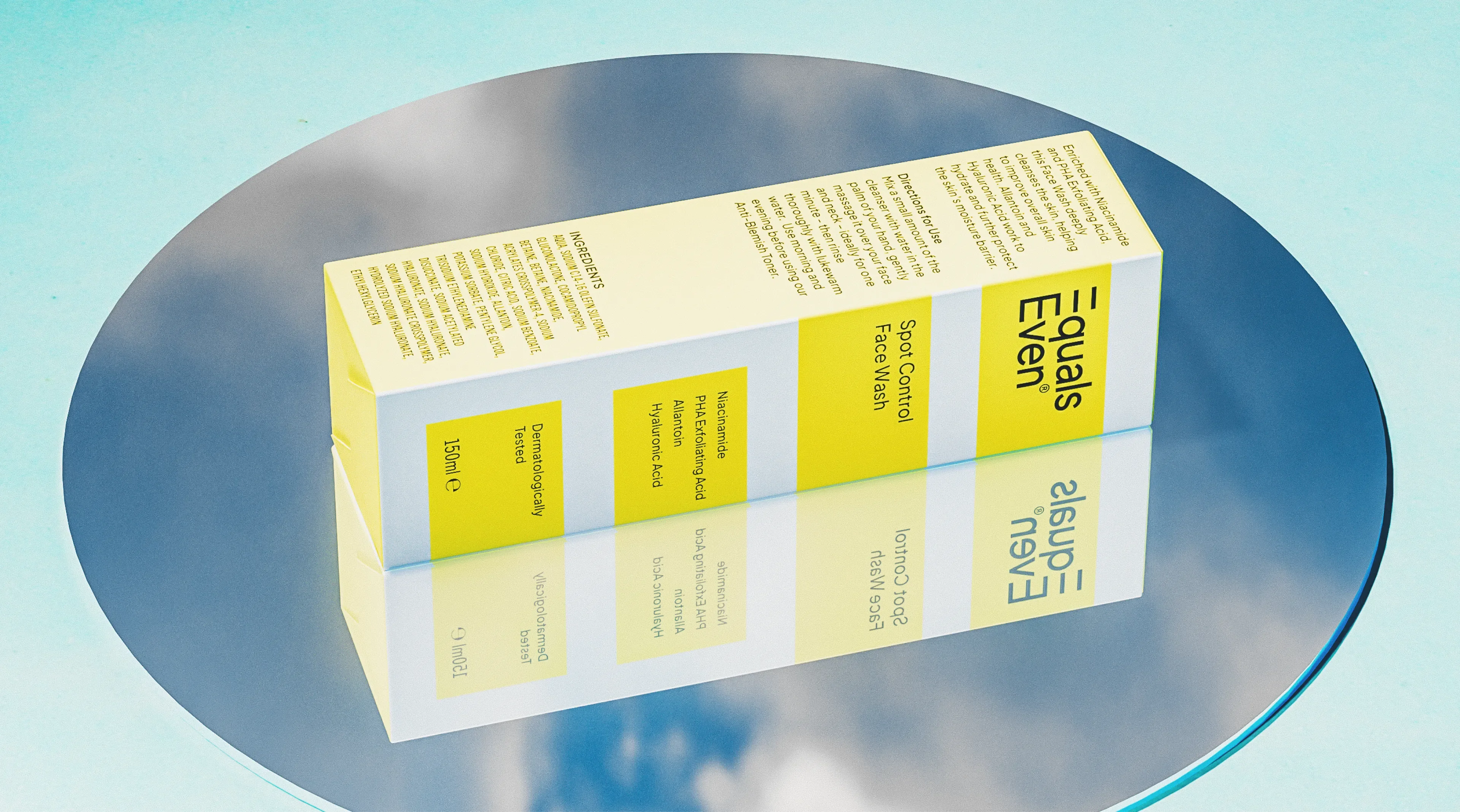 Equals Even skincare box photographed on mirror surface