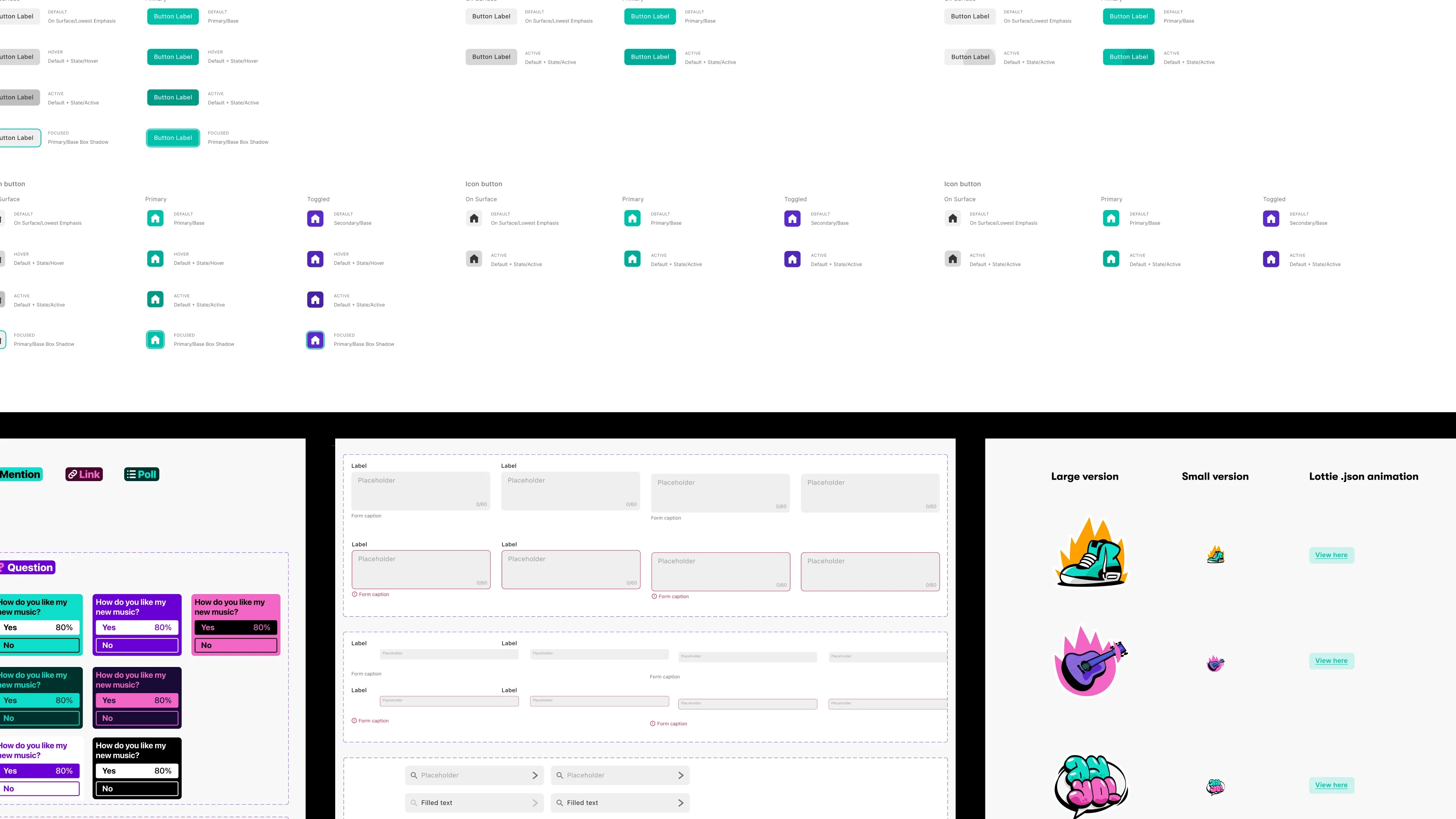 A Riff dashboard with user profiles, buttons, forms, and colorful illustrated icons—large and small—on a crisp white design system background.