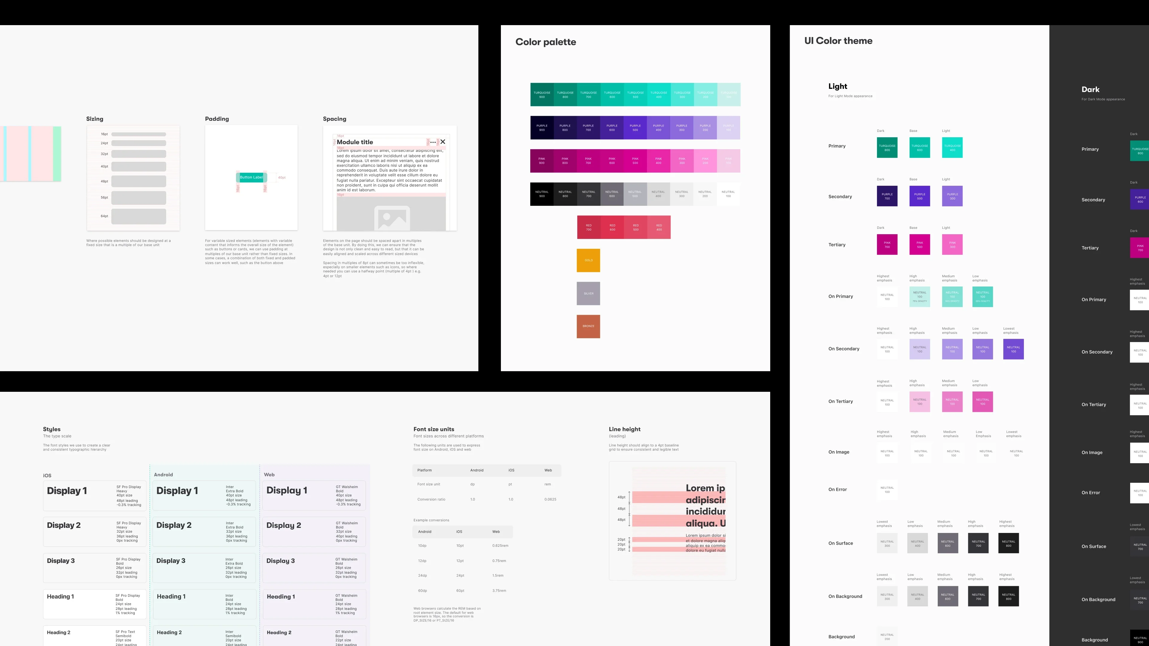 A Riff design system style guide showing color palettes, typography, UI themes, spacing, and component examples on white backgrounds.