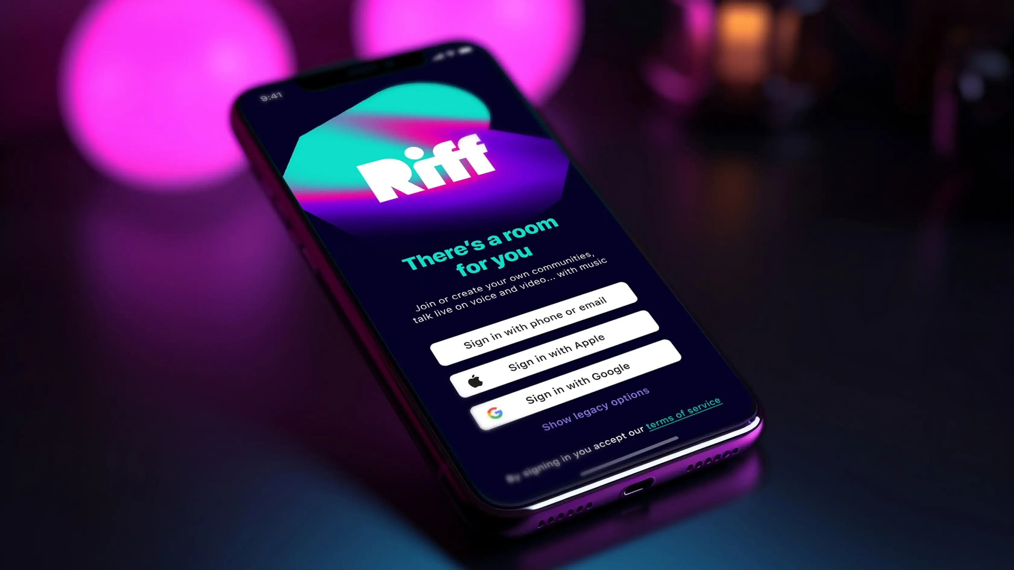 A smartphone screen shows the Riff social media app login page with sign-in options for email, Apple, and Google accounts.