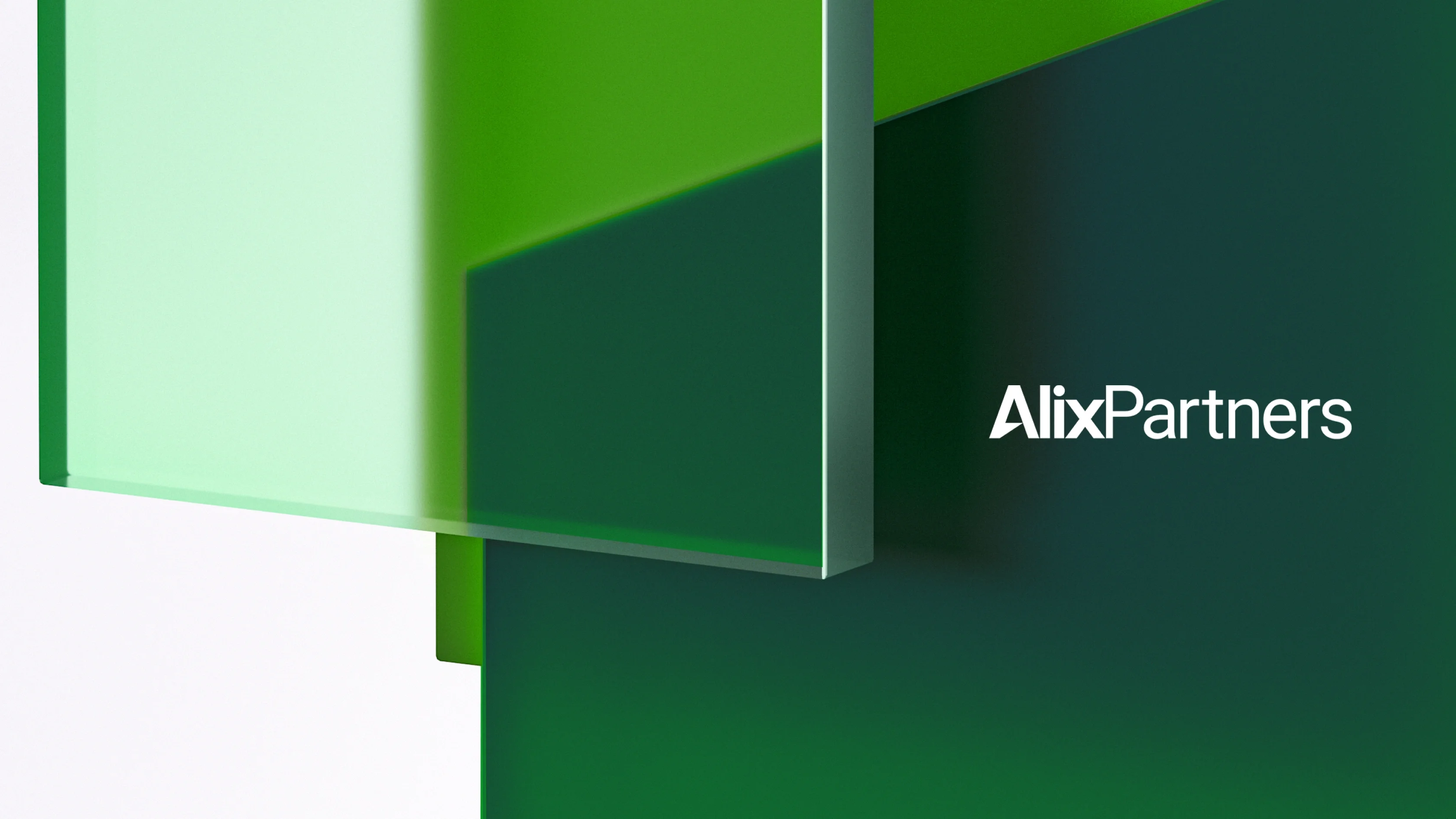 AlixPartners hero image featuring abstract green brand forms and wordmark