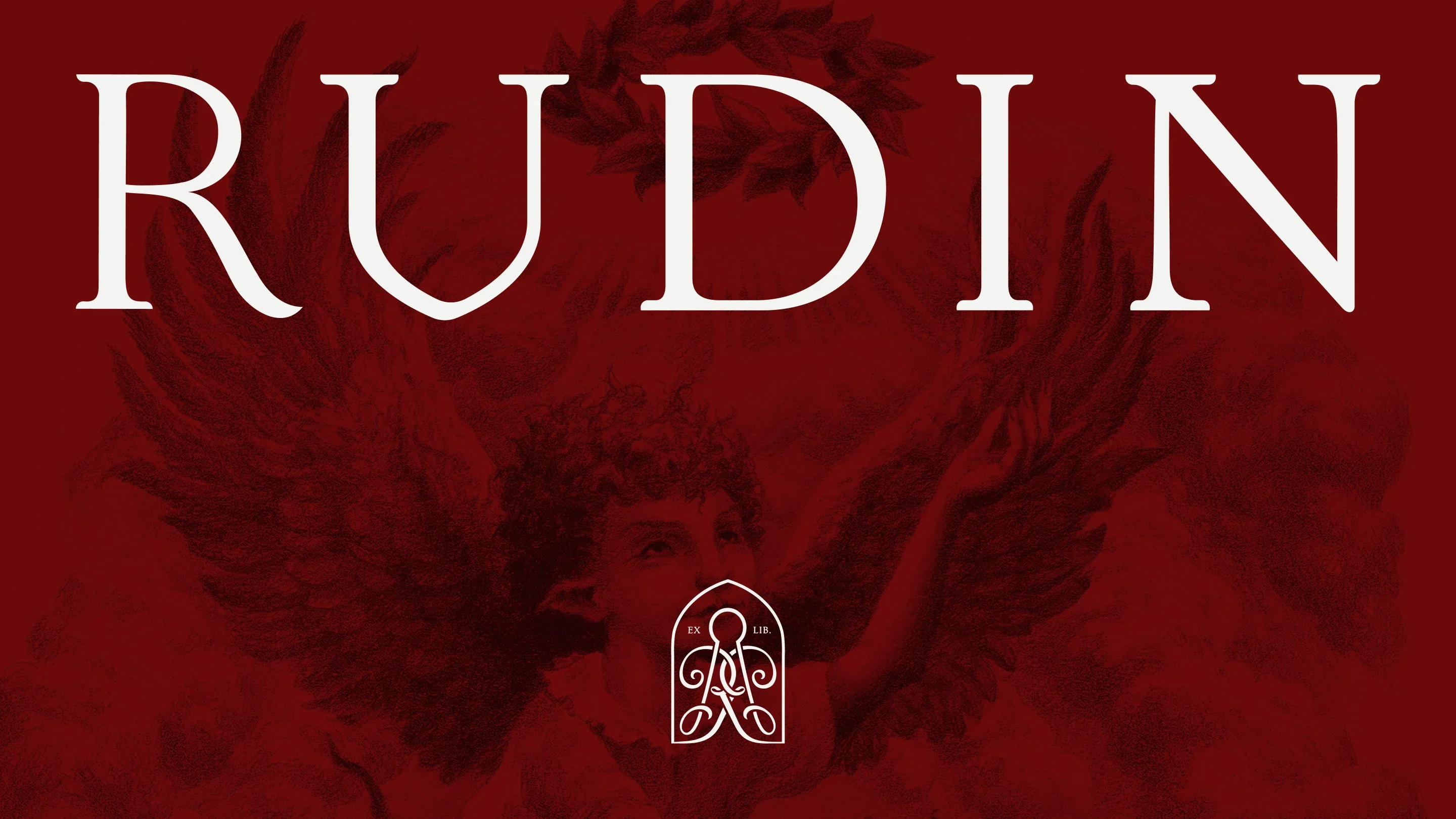 Rudin hero image featuring wordmark, emblem and rich red brand backdrop