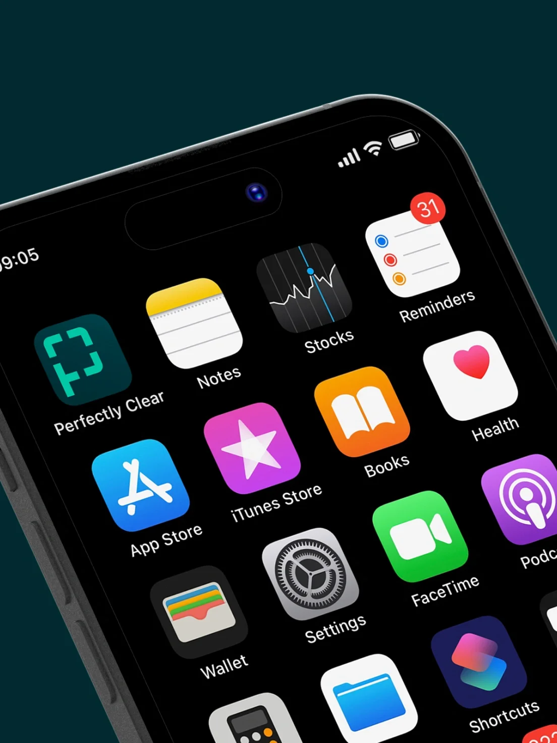A smartphone screen displaying app icons like Notes and Health, all captured with Perfectly Clear for sharpness and strong brand identity.