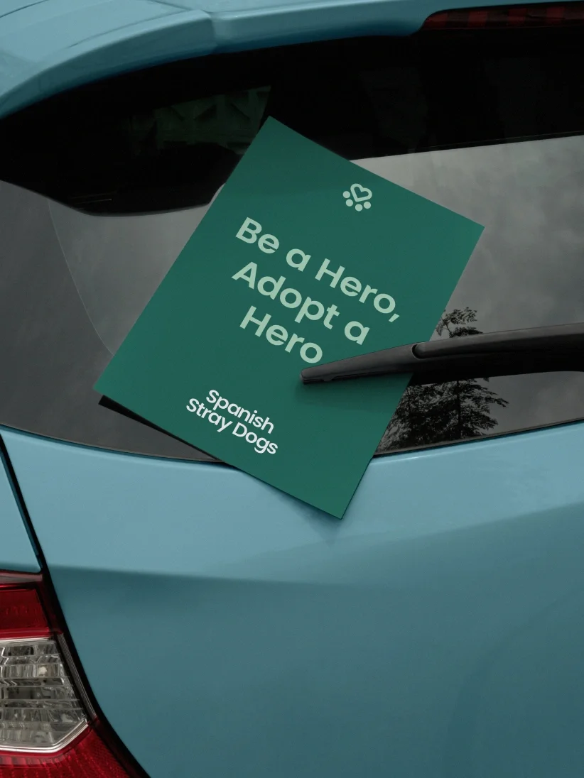 A green flyer on a car's rear window reads, Be a Hero, Adopt a Hero—support Spanish Stray Dogs charity today.