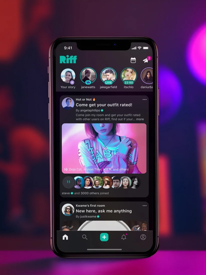 A smartphone displays the Riff social media app, featuring user stories, live rooms, and a sleek UI design with posts and profile icons.