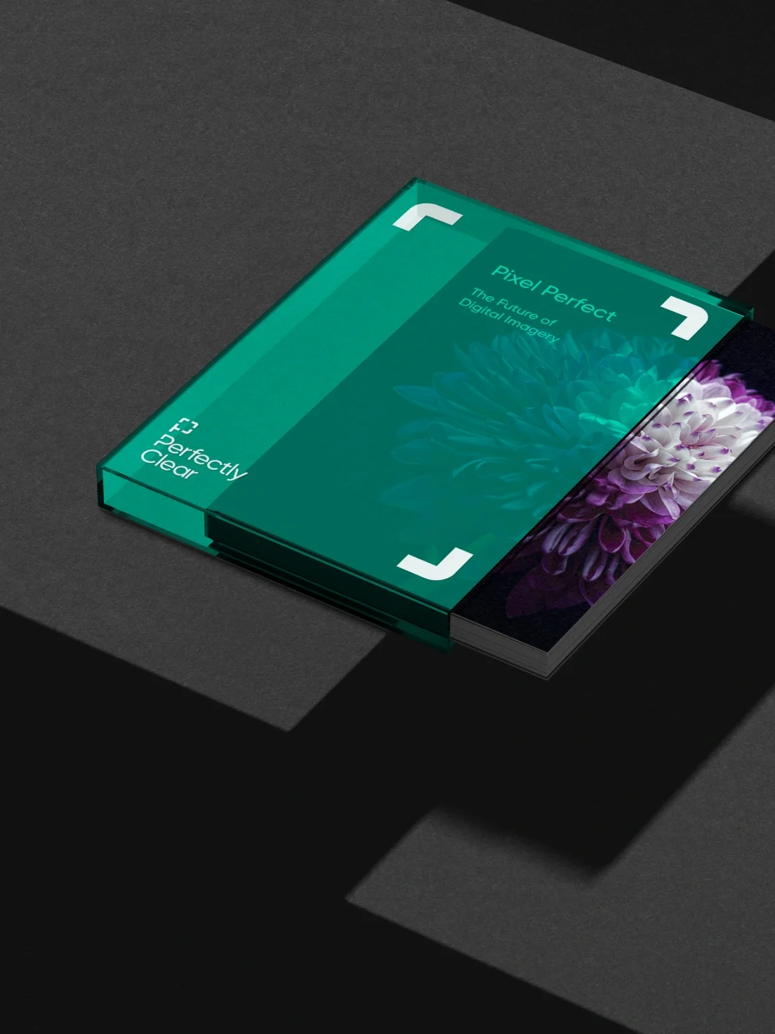 A green book titled Pixel Perfect with a purple flower, showcasing brand identity, partially slid from a matching case on a dark surface.