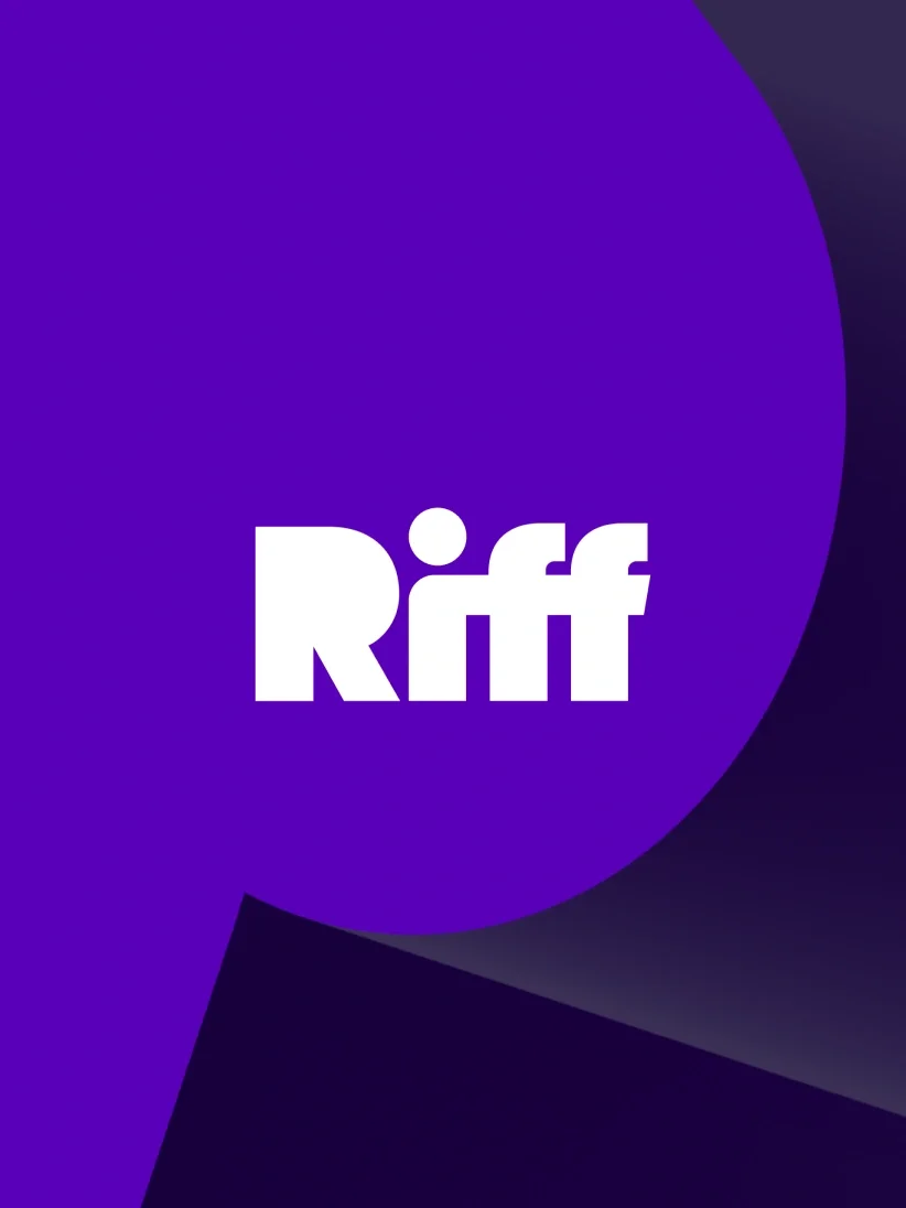 White Riff text logo on a large purple abstract shape with a dark background, showcasing bold brand identity.