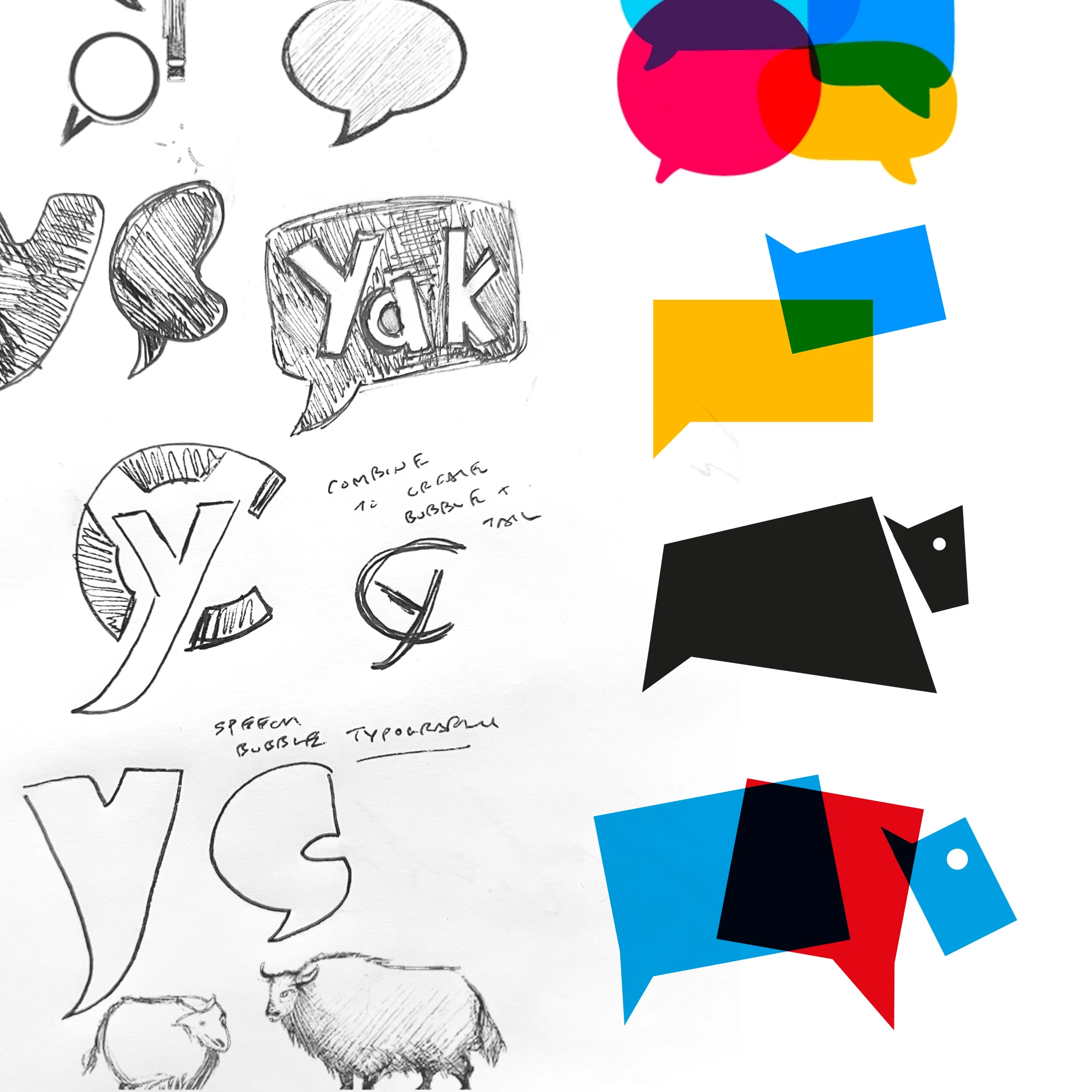 Early YakChat logo sketches exploring chat bubble and yak concepts