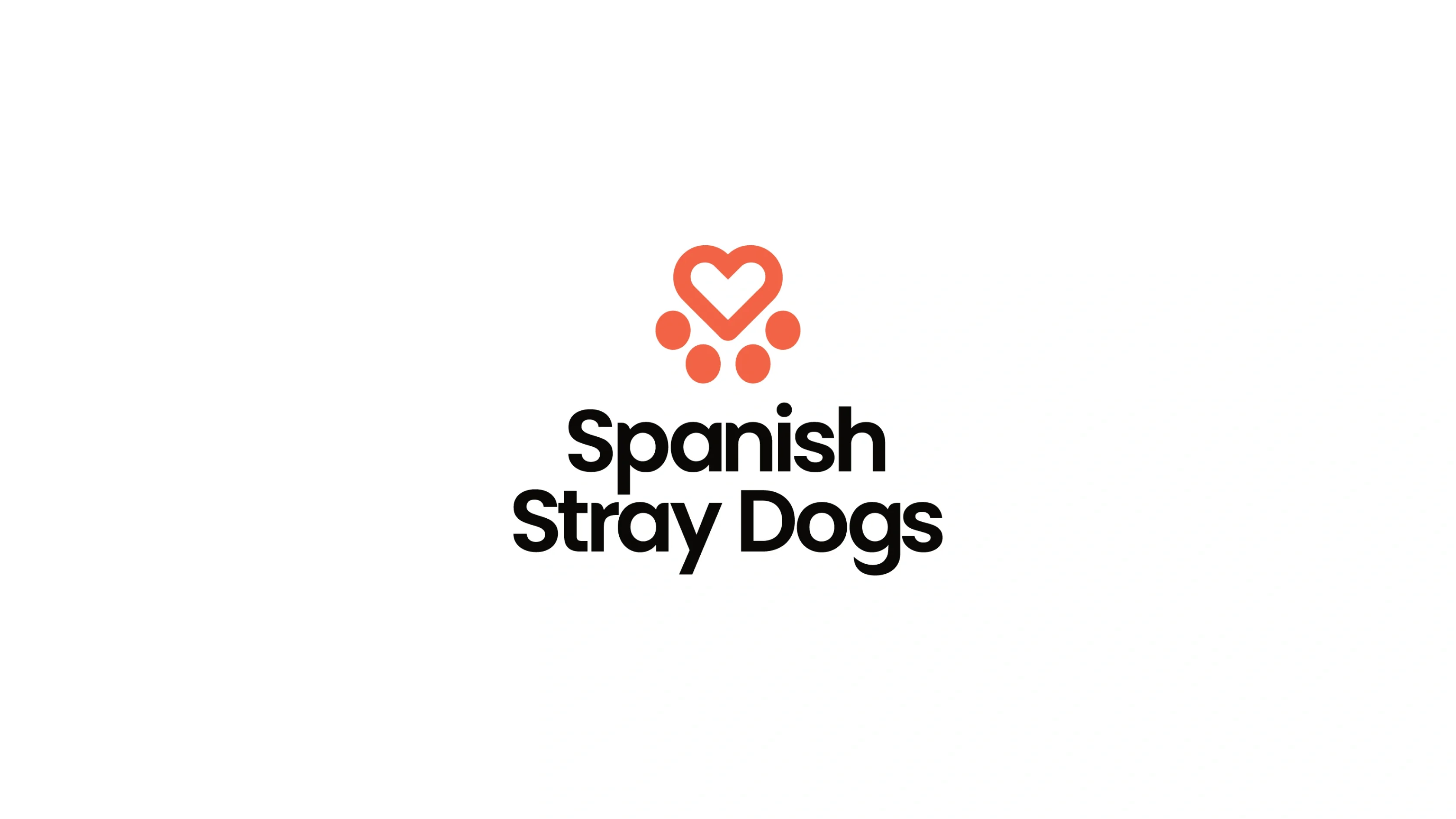 Logo for Spanish Stray Dogs charity with a heart-shaped paw print above the organization's name in bold black text on a white background.