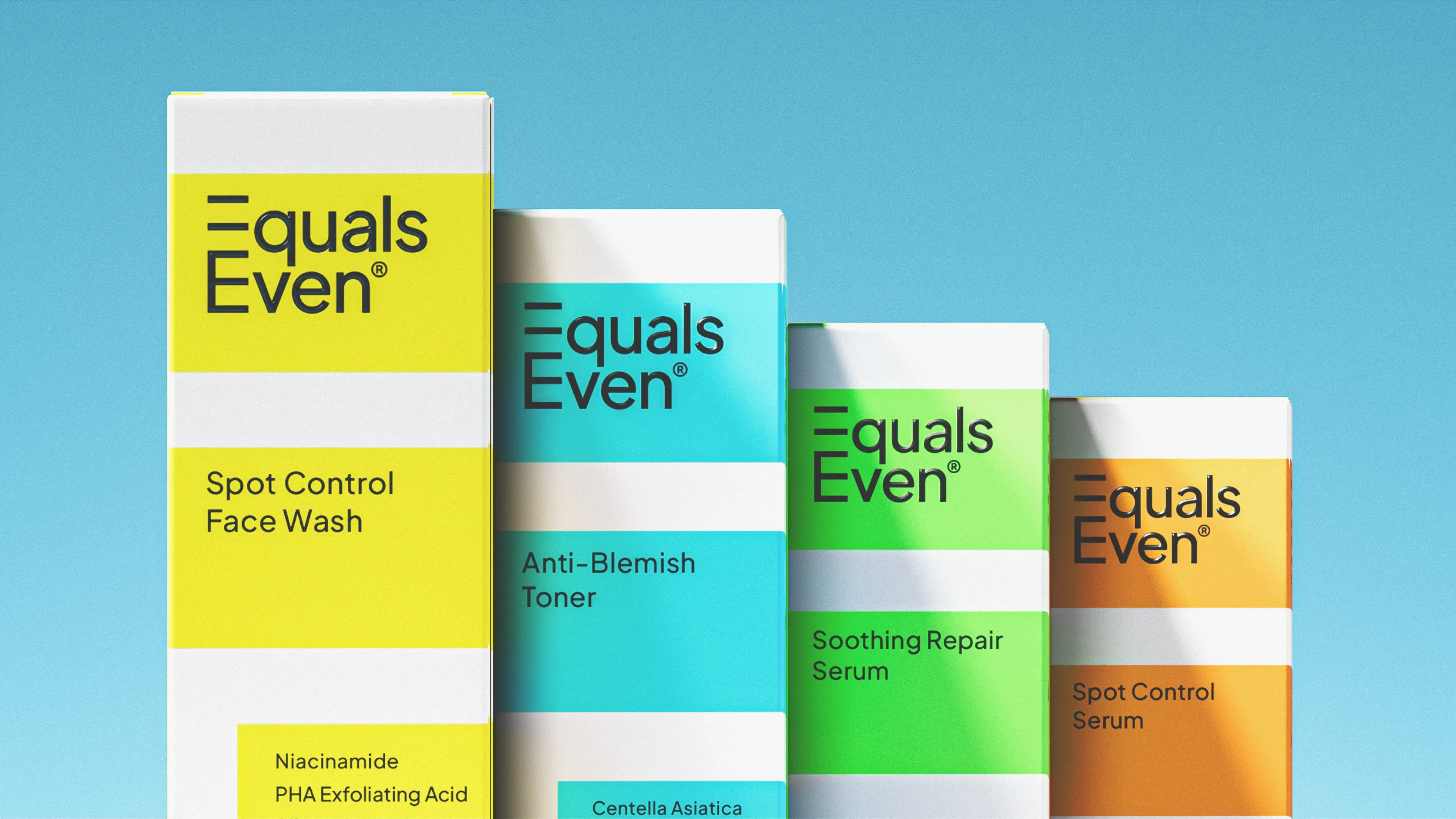 Equals Even skincare cartons shown together as a packaging range
