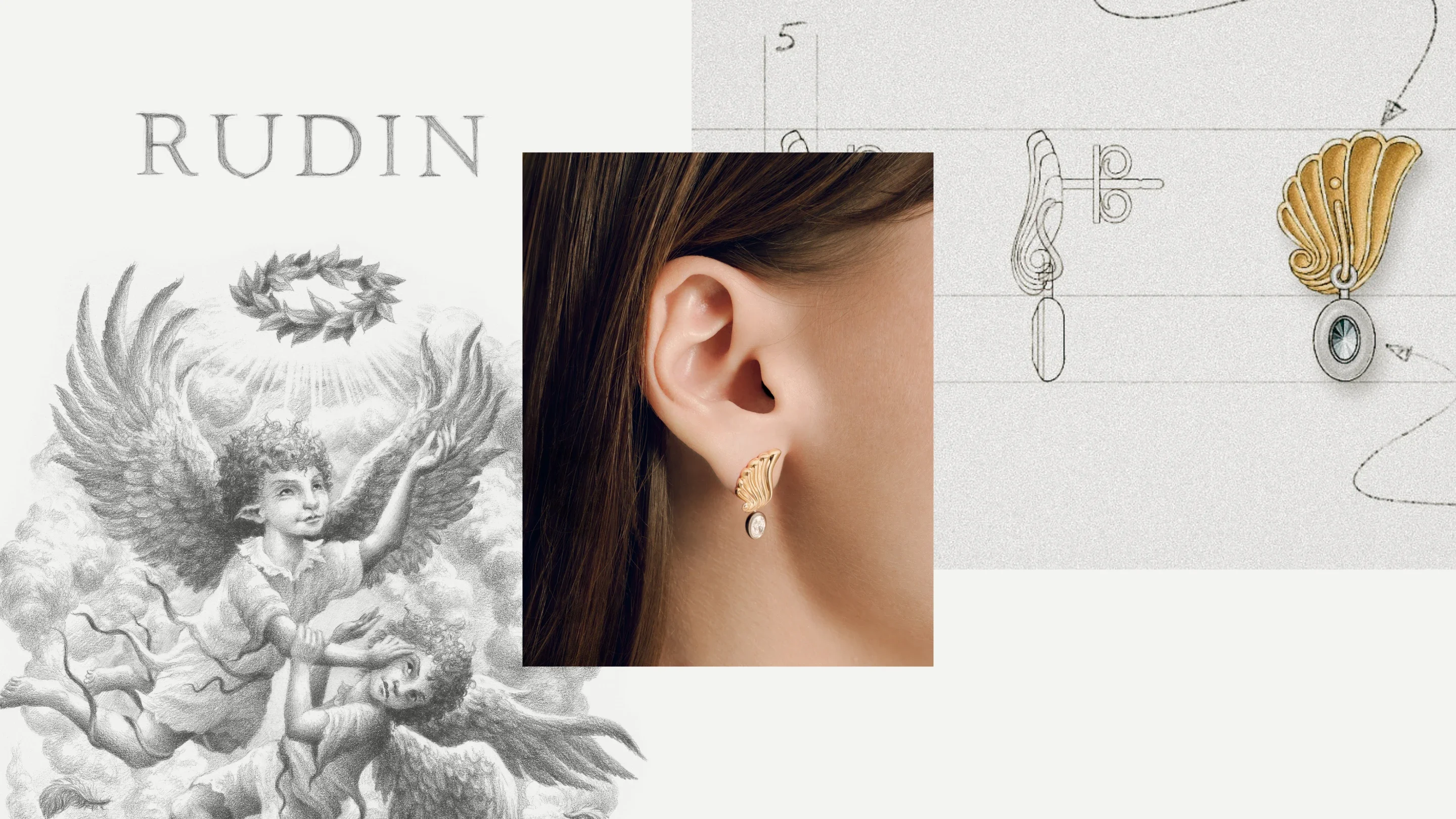 Rudin concept board combining jewellery photography, sketches and classical imagery