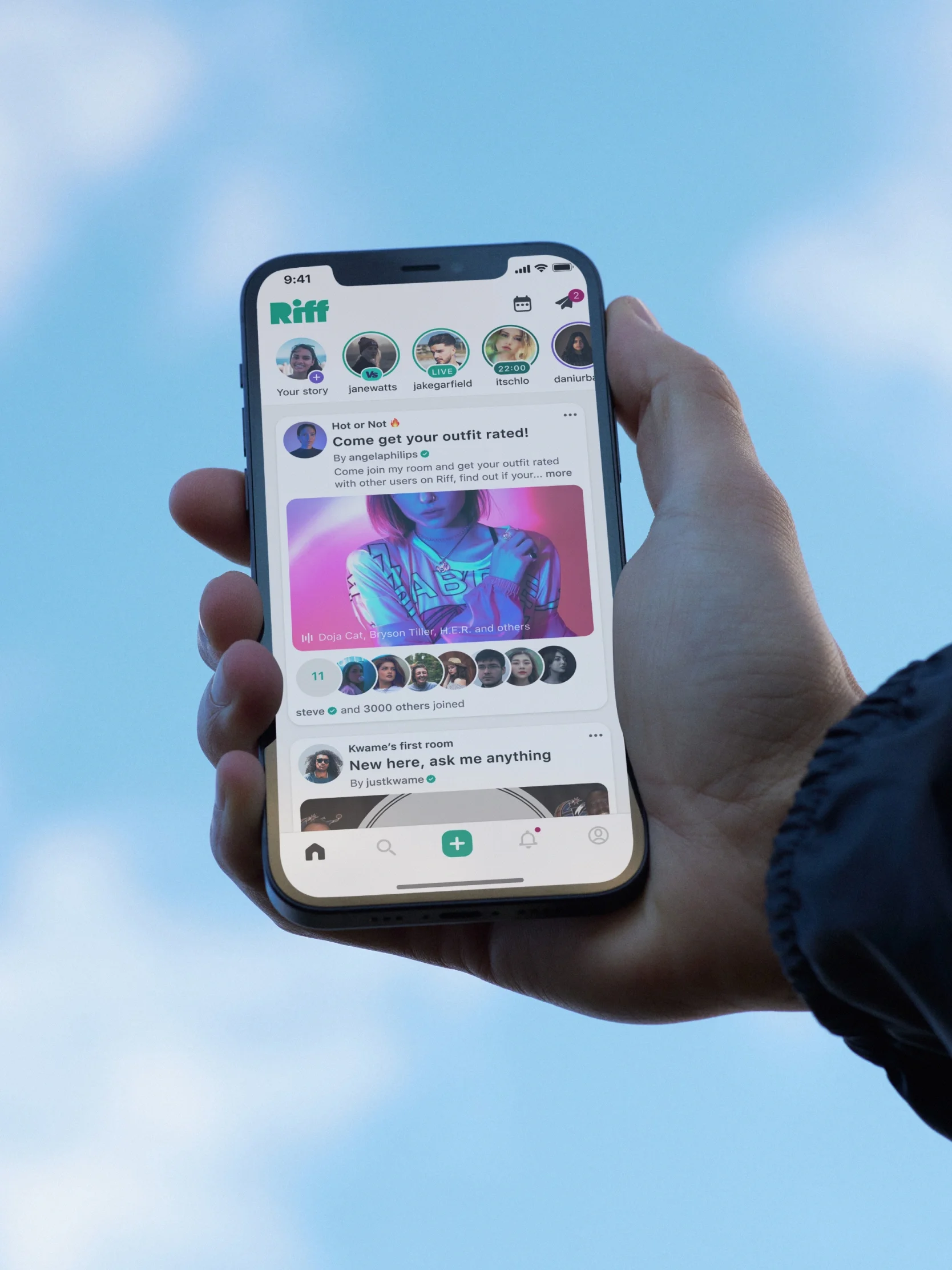 A hand holds a smartphone showing Riff's sleek UI design with profile icons and a colorful outfit post, set against a blue sky.
