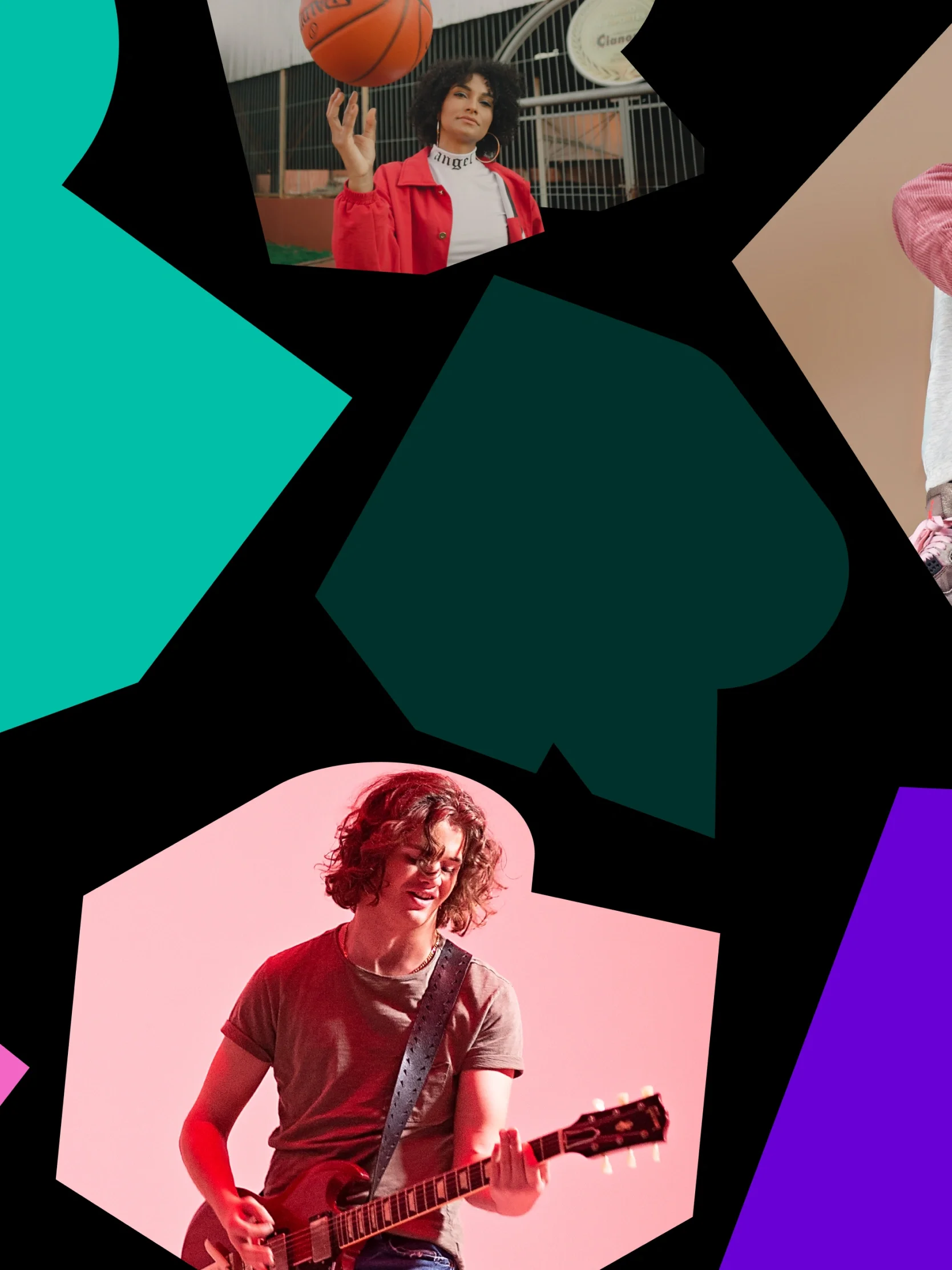 A person spinning a basketball and another playing electric guitar, both framed by colorful geometric shapes, embody Riff's vibrant brand identity.