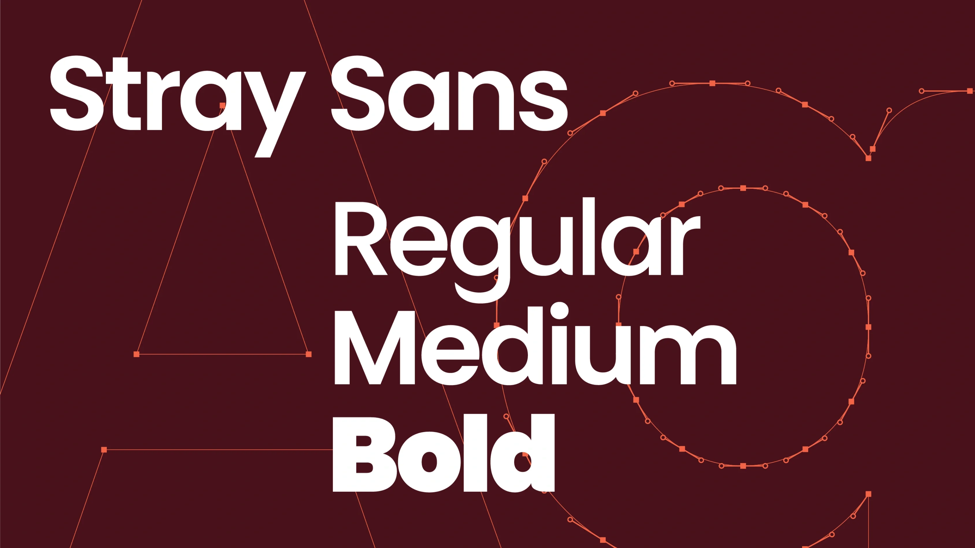 Text Stray Sans Regular Medium Bold in white bold font on a dark red background with geometric outlines, featuring the custom font Stray Sans.