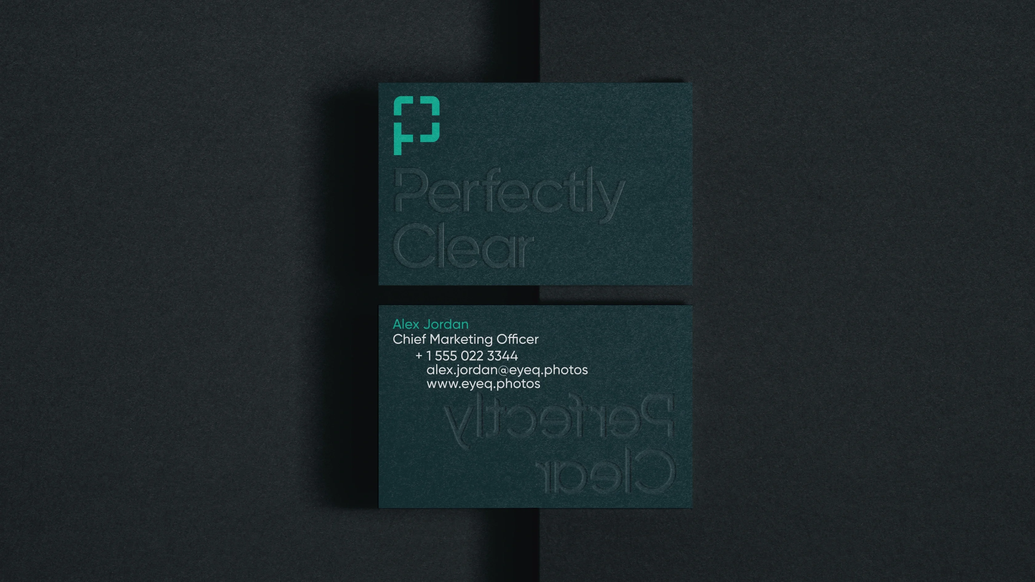 Two dark business cards showcase Perfectly Clear's brand identity; one features a geometric logo, the other Alex Jordan's contact info.