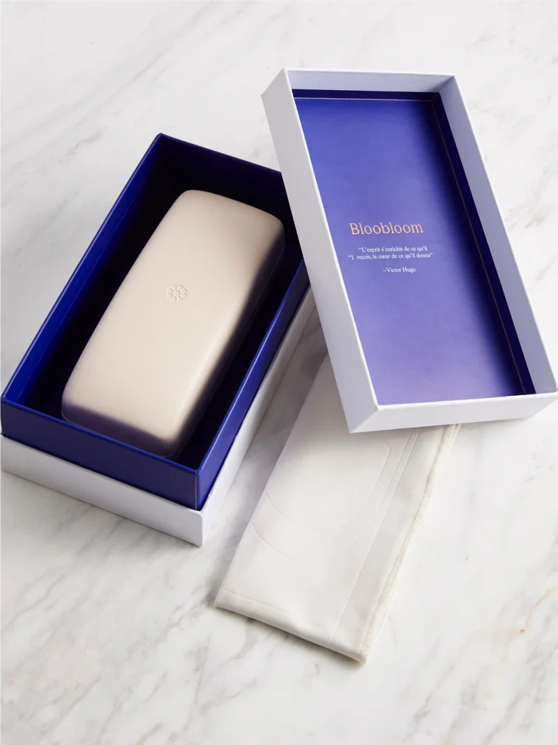 Bloobloom glasses packaging blue and white by Bodkin Studio.