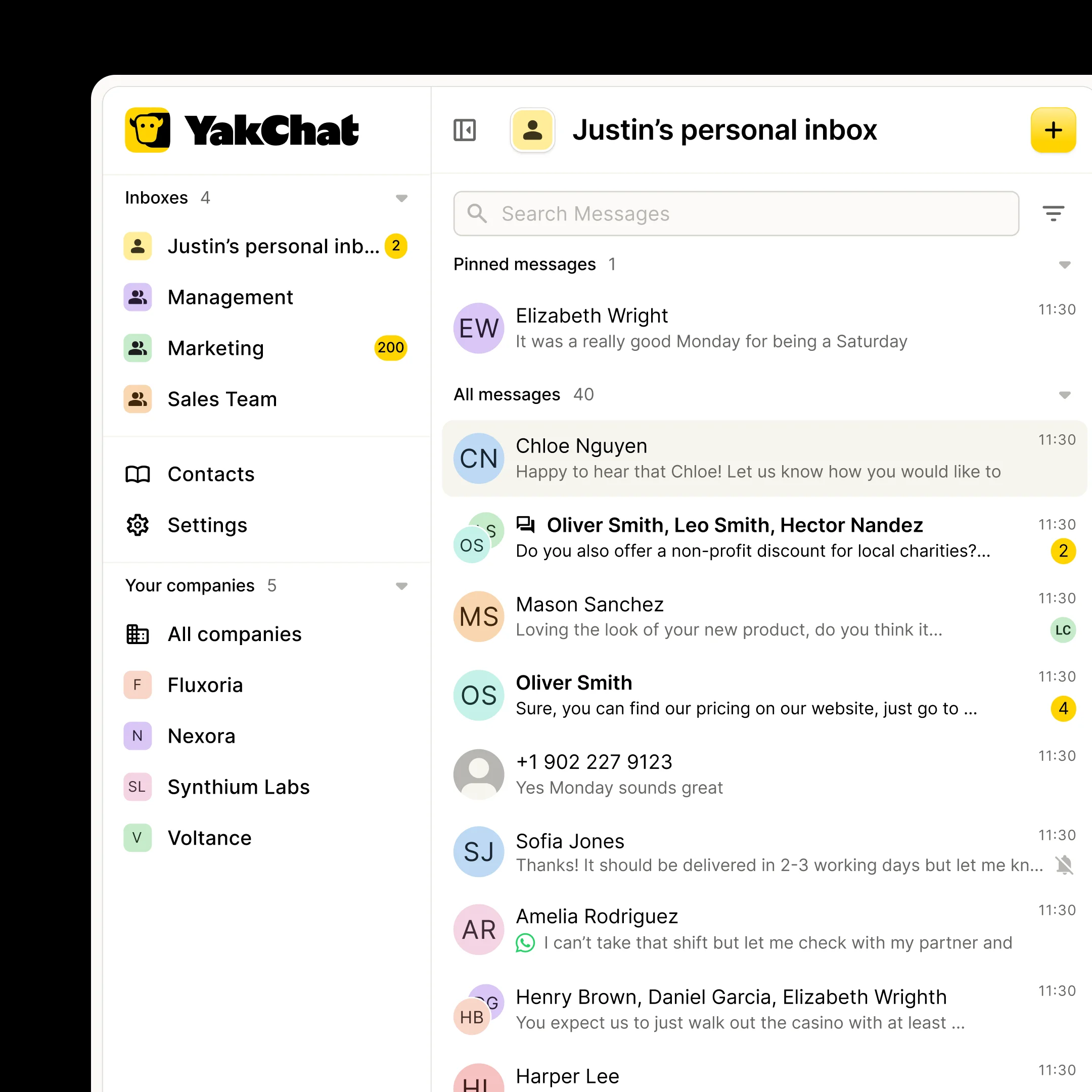 YakChat desktop inbox view