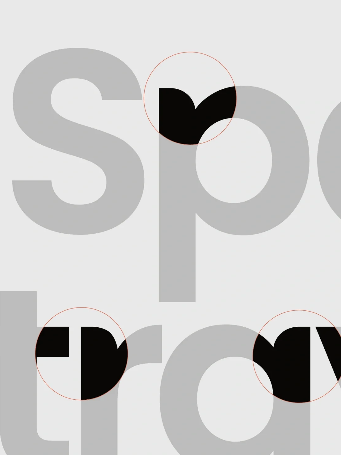 Close-up of large gray wordmark letters with black highlights and red circles, emphasizing letterform details for Spanish Stray Dogs charity.