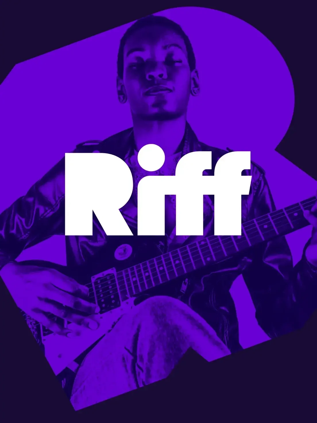 Person playing an electric guitar with bold white Riff text; purple overlay adds a dynamic photography vibe, enhancing brand identity.