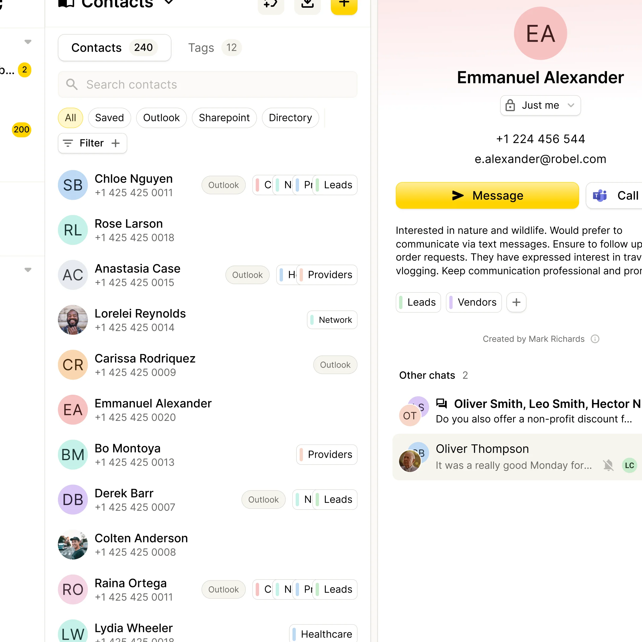 YakChat contacts management interface
