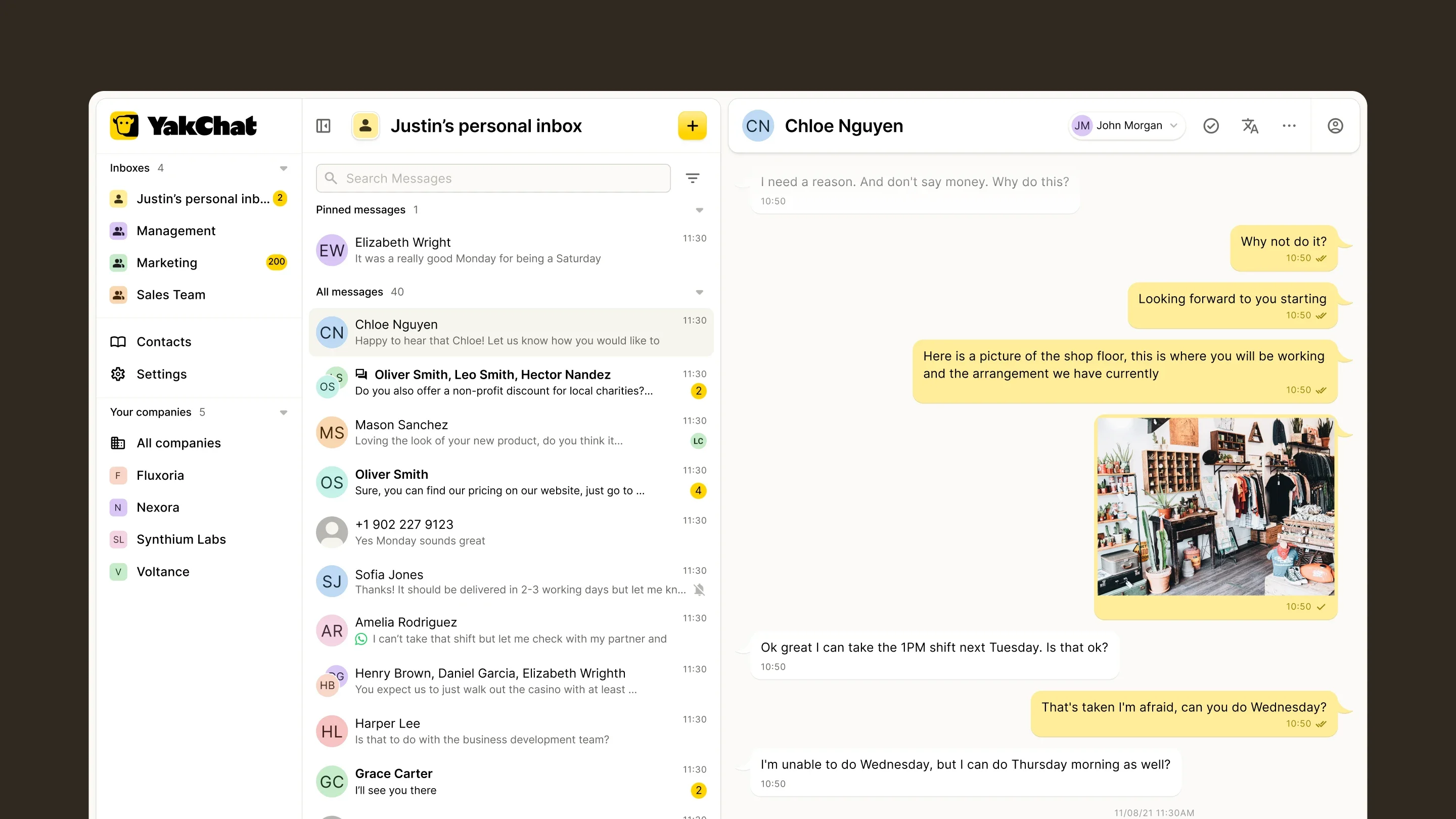 YakChat desktop inbox interface